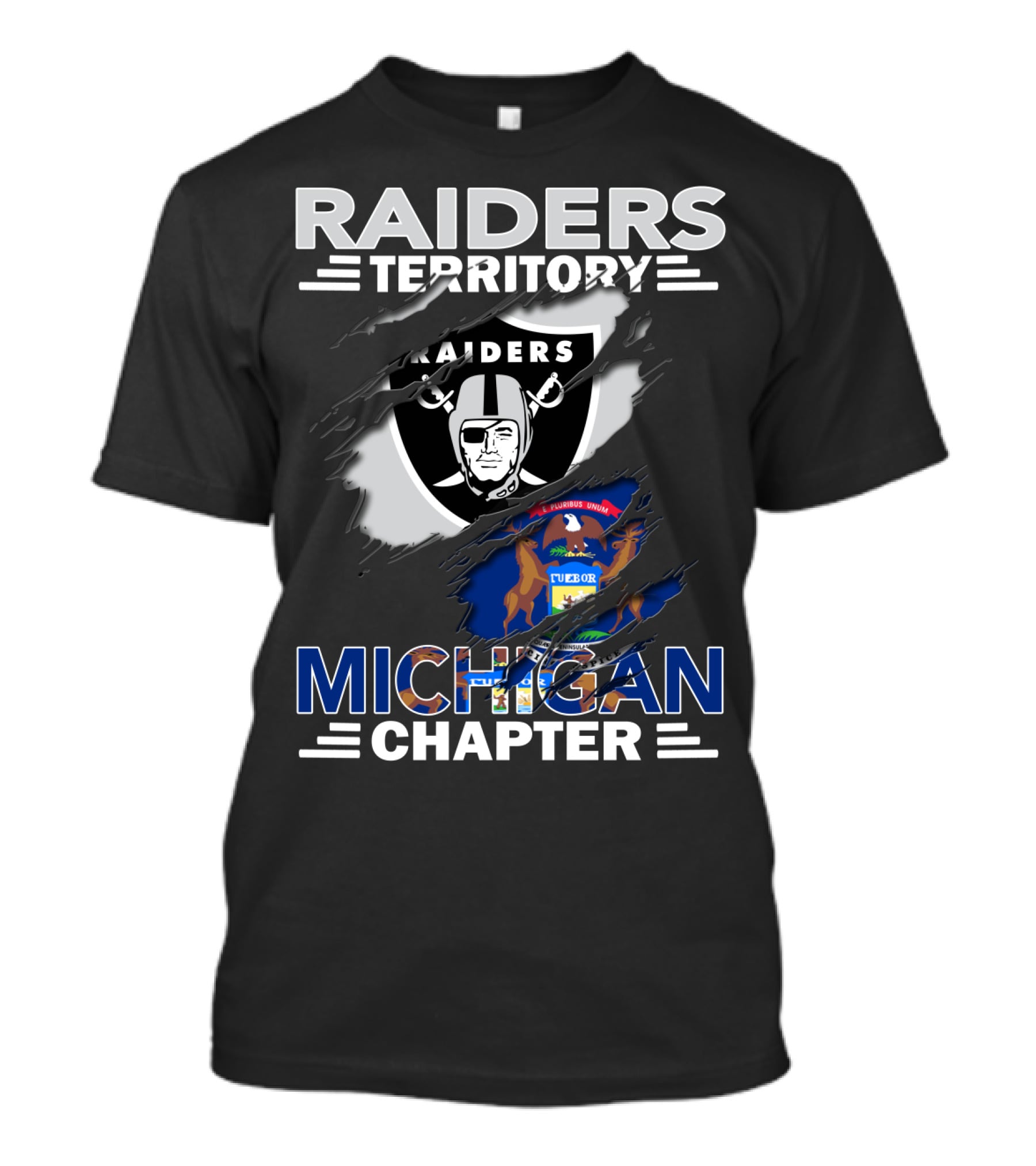Raiders Territory Michigan Chapter With Raiders Logo And Michigan Flag Elements T-Shirt