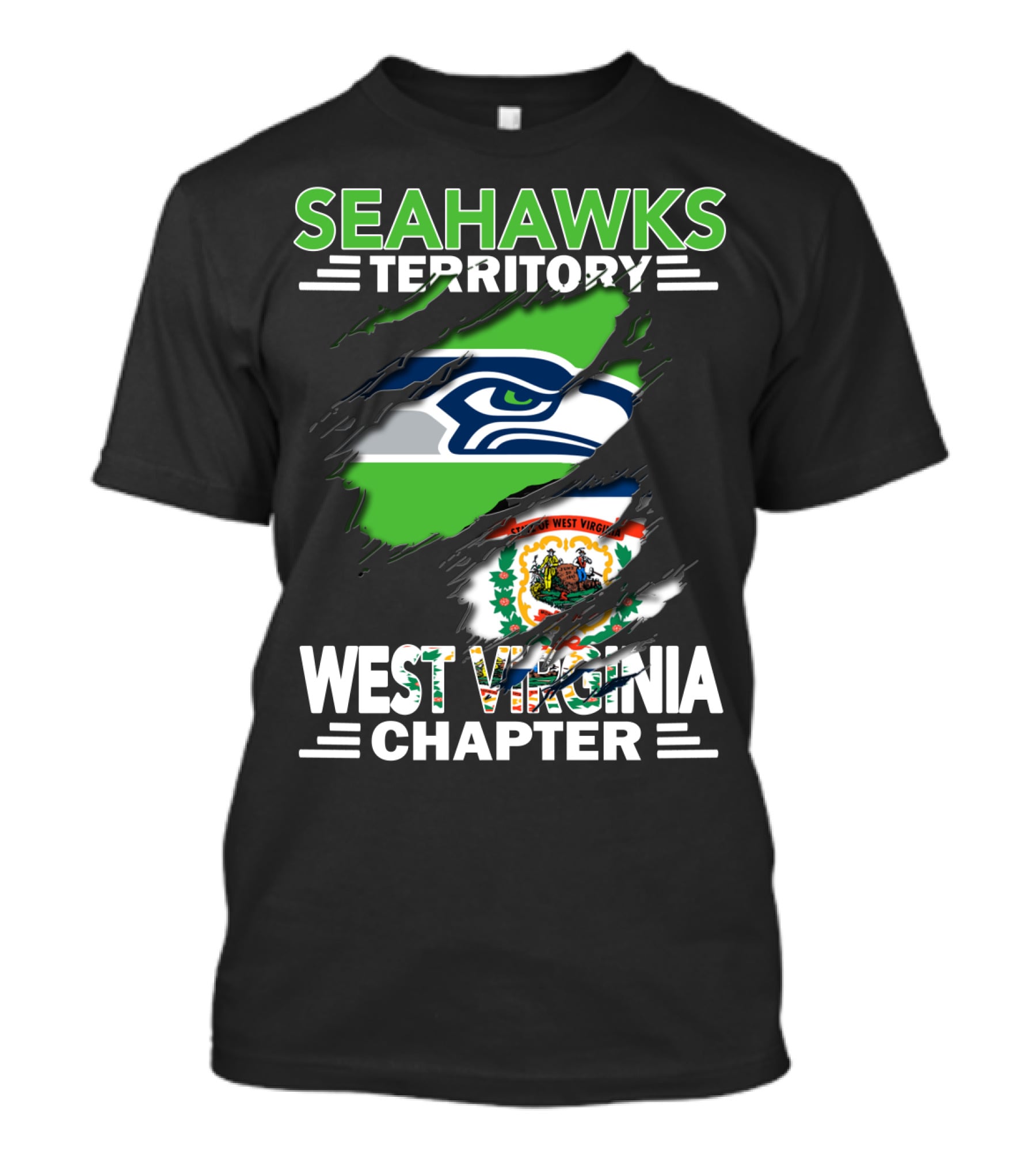 Seahawks Territory West Virginia Chapter With Seahawks Logo And West Virginia State Flag Elements T-Shirt
