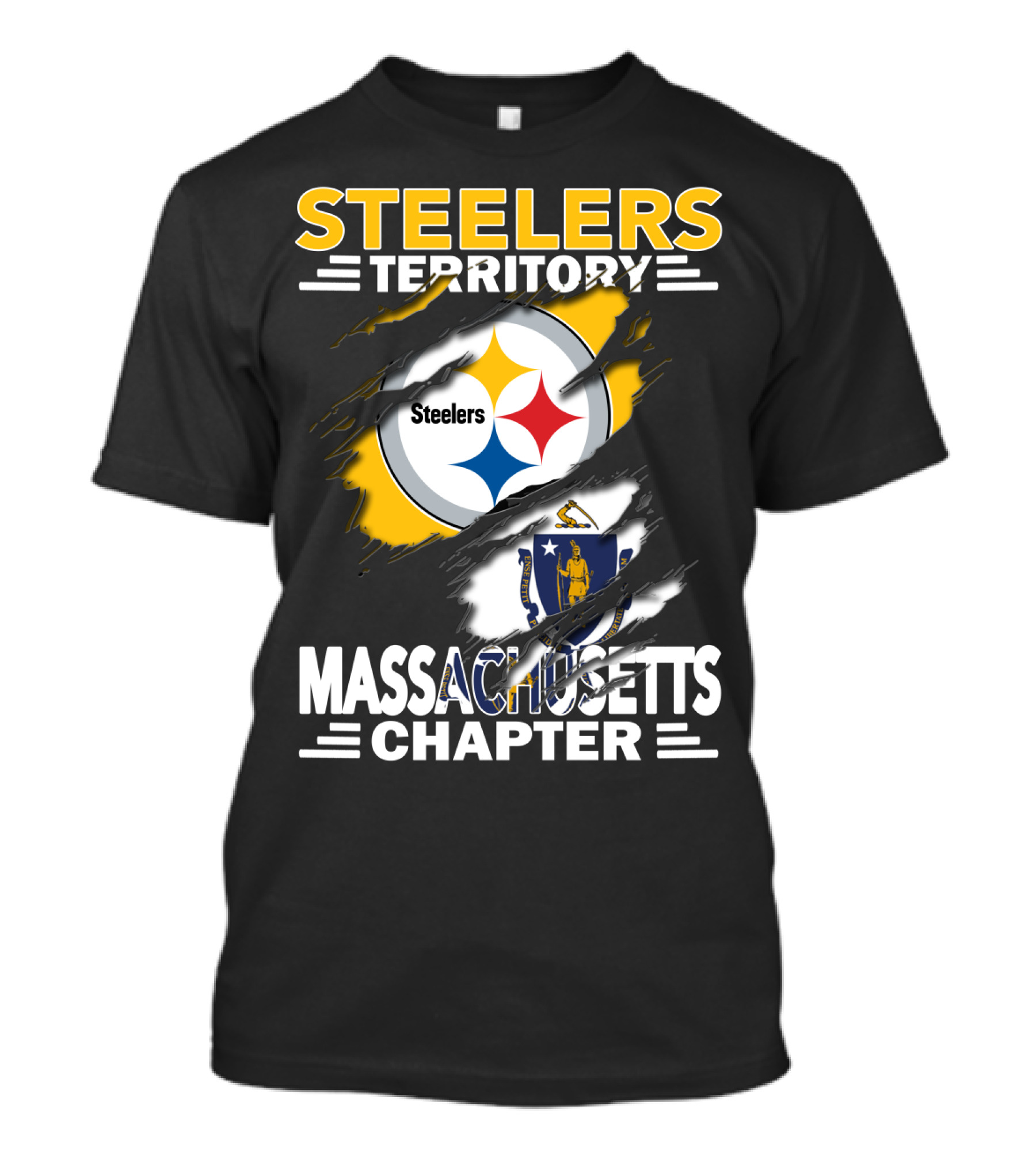 Steelers Territory Massachusetts Chapter Logo With Massachusetts Flag And Steelers Emblem T-Shirt