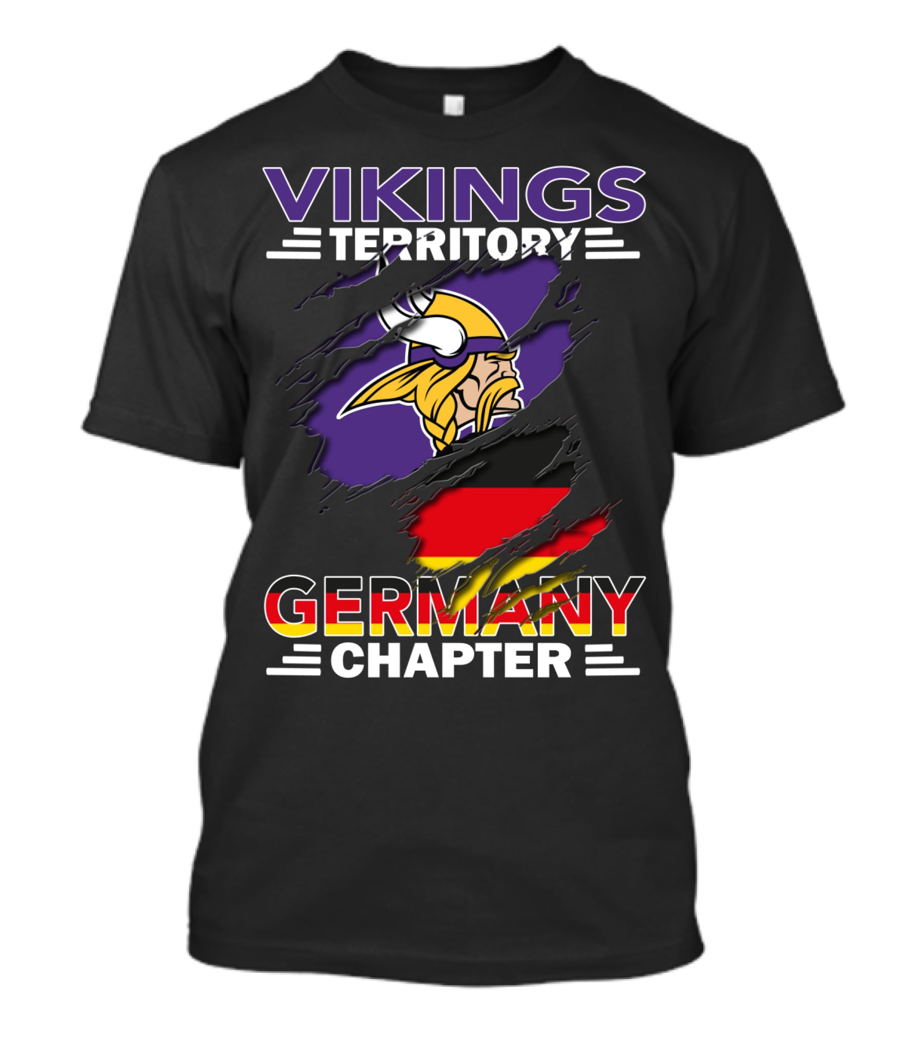 Vikings Territory Germany Chapter Purple And Gold Logo With German Flag Background T-Shirt