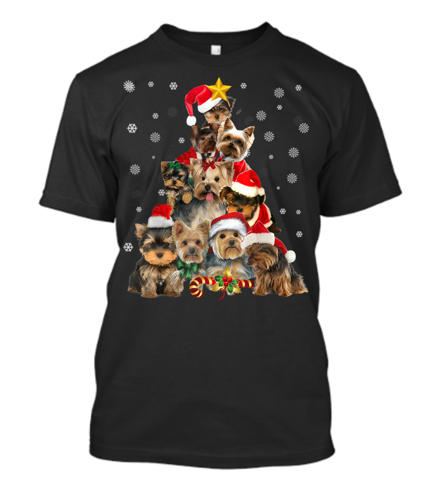 Yorkie Christmas Tree With Santa Hats And Candy Canes T-Shirt