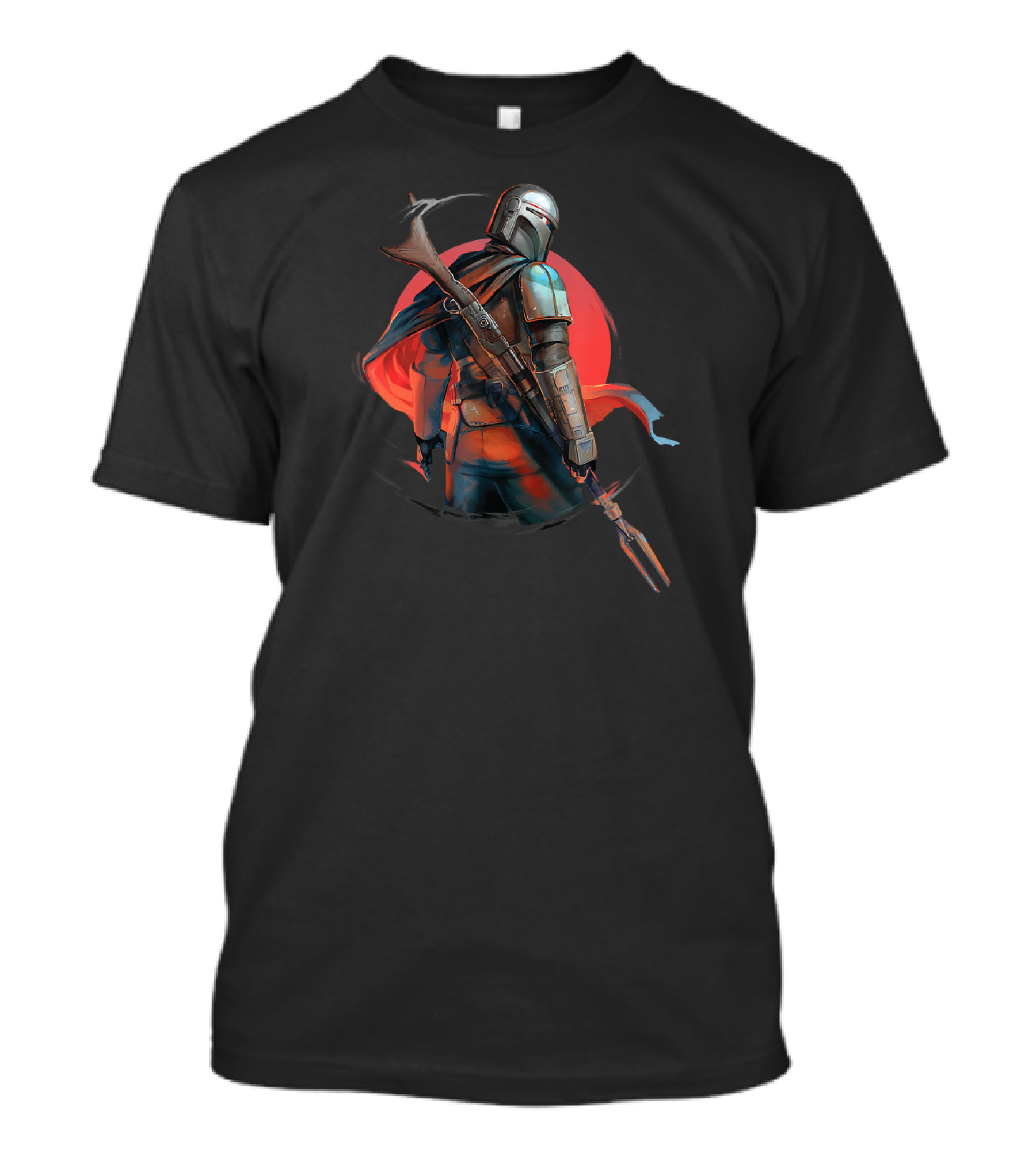 Star Wars The Mandalorian IG 11 Battle Ready Warrior With Blaster Rifle And Crimson Sun Background T-Shirt