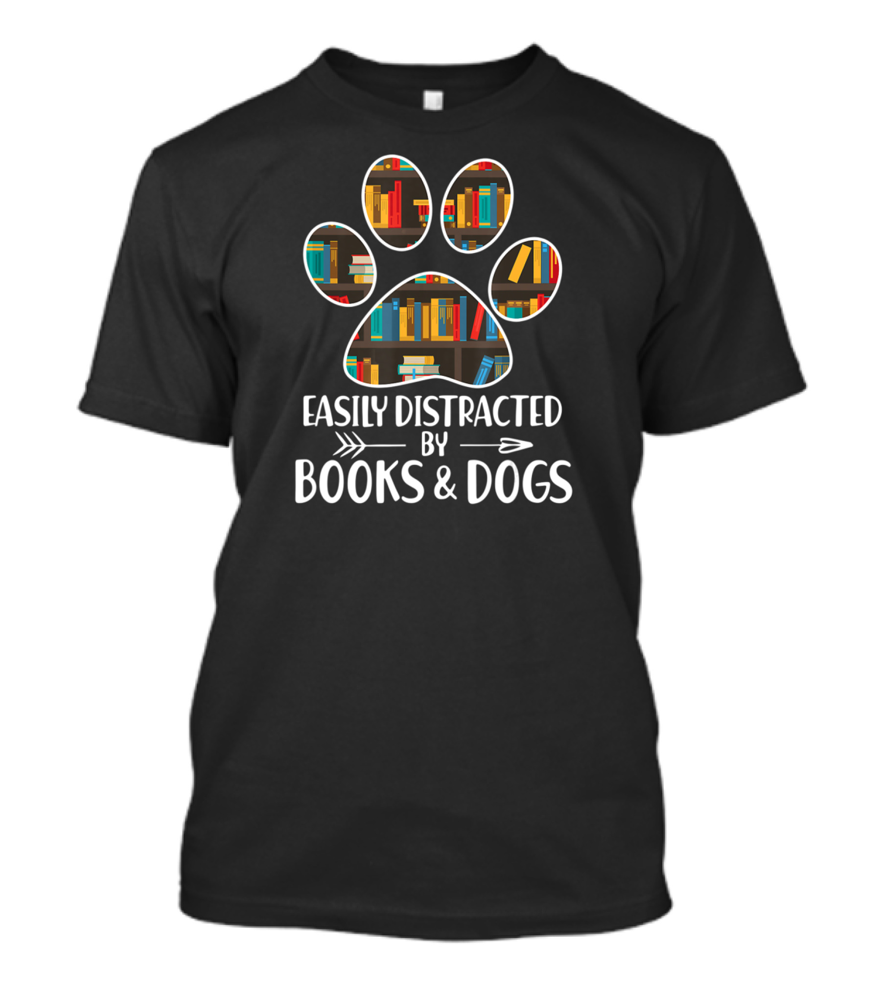 Easily Distracted By Books And Dogs Paw Print Bookshelves T-Shirt