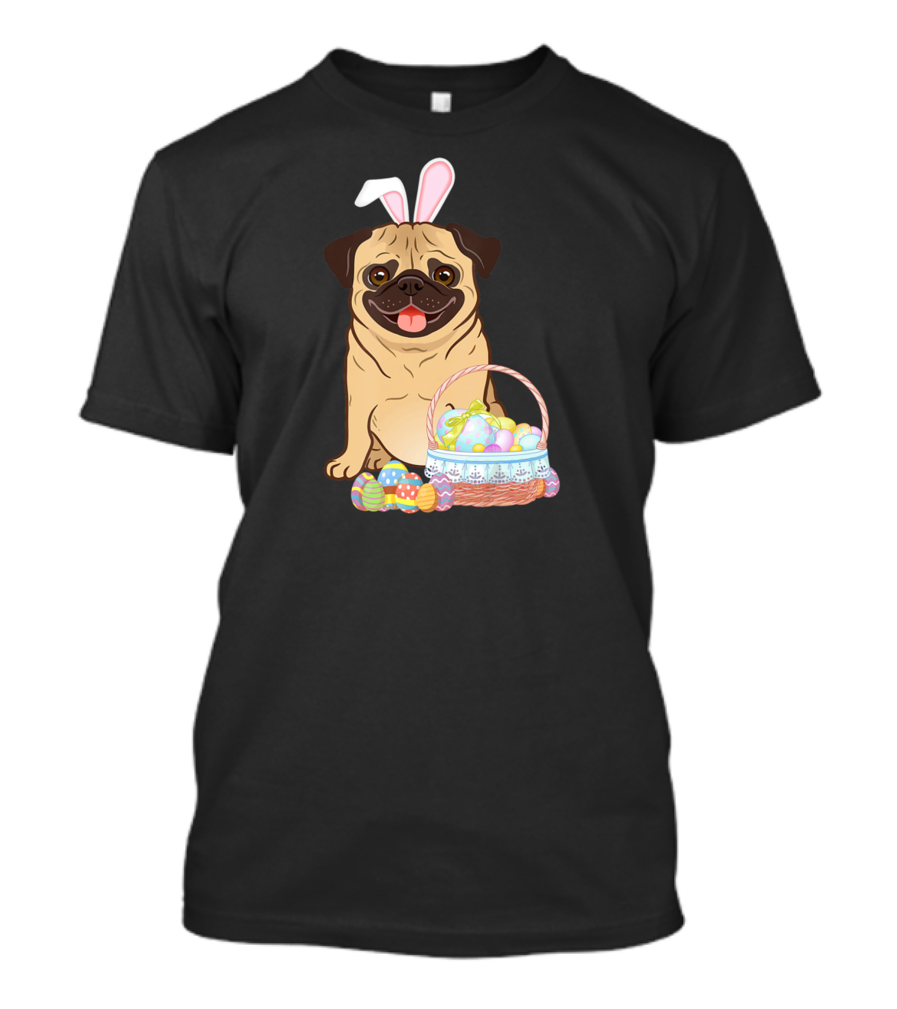 Pug Wearing Bunny Ears With Easter Egg Basket T-Shirt