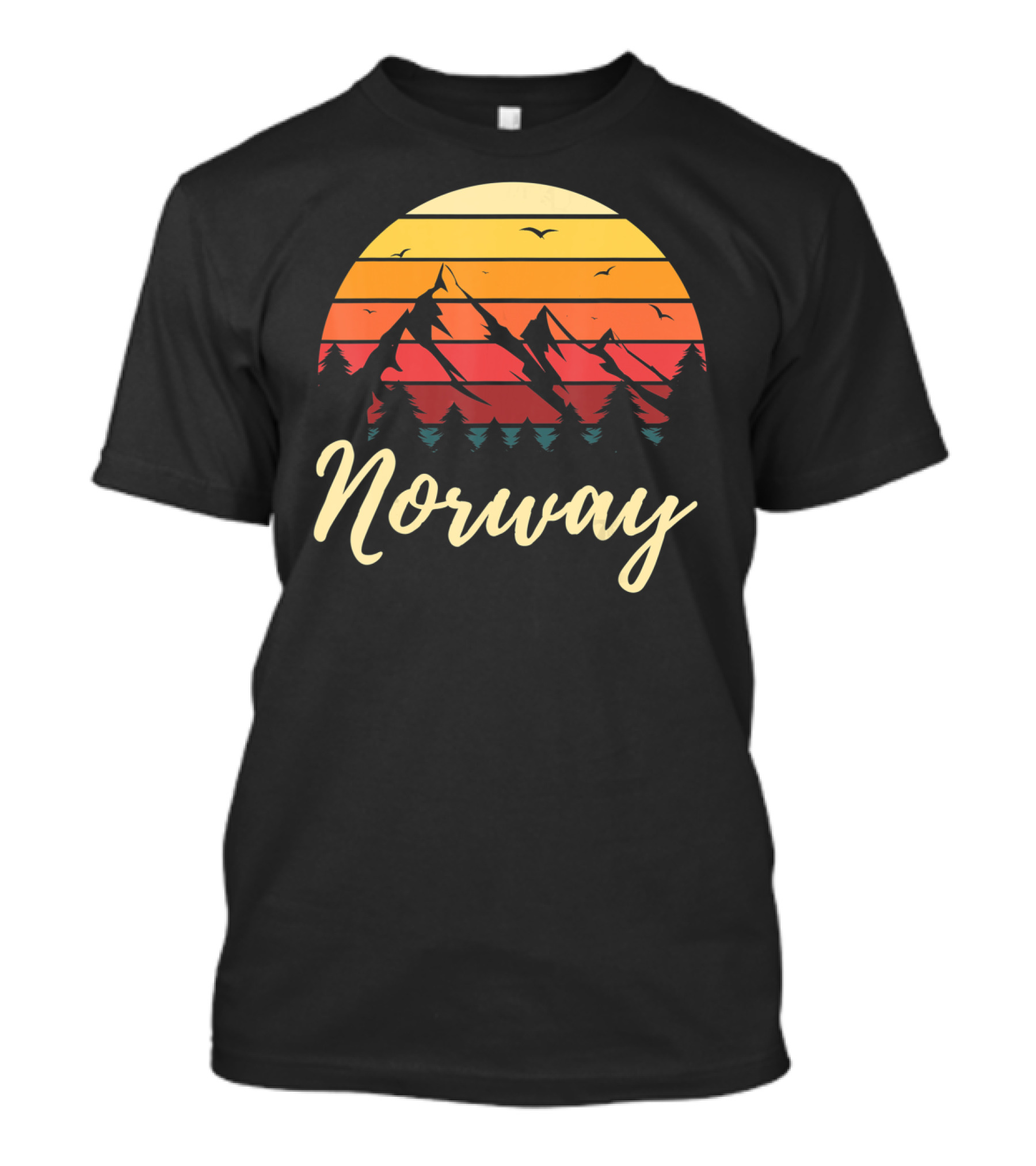 Retro Norway Mountain Sunset Landscape With Pine Trees And Birds T-Shirt