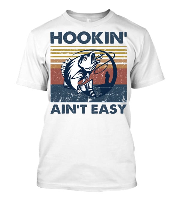 Hookin' Ain't Easy Vintage Fishing Graphic With Striped Sunset And Angler T-Shirt