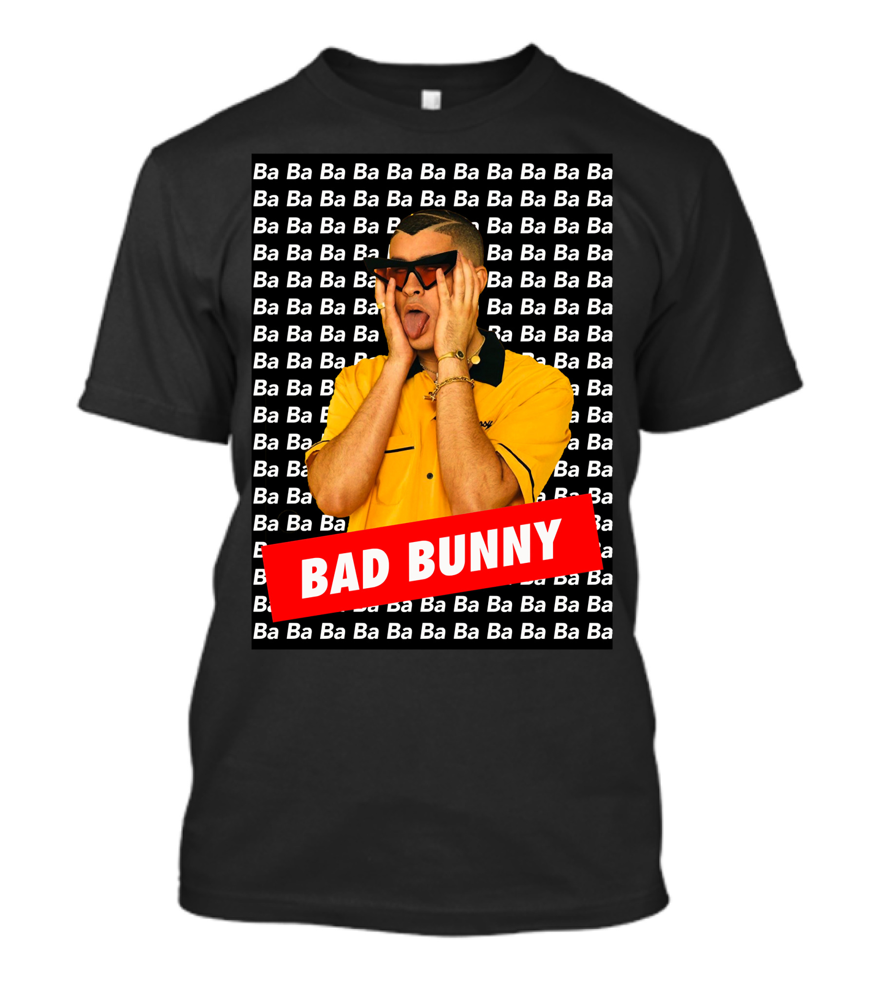 BAD BUNNY Ba Ba Ba Pattern Yellow Shirt Sunglasses T-Shirt