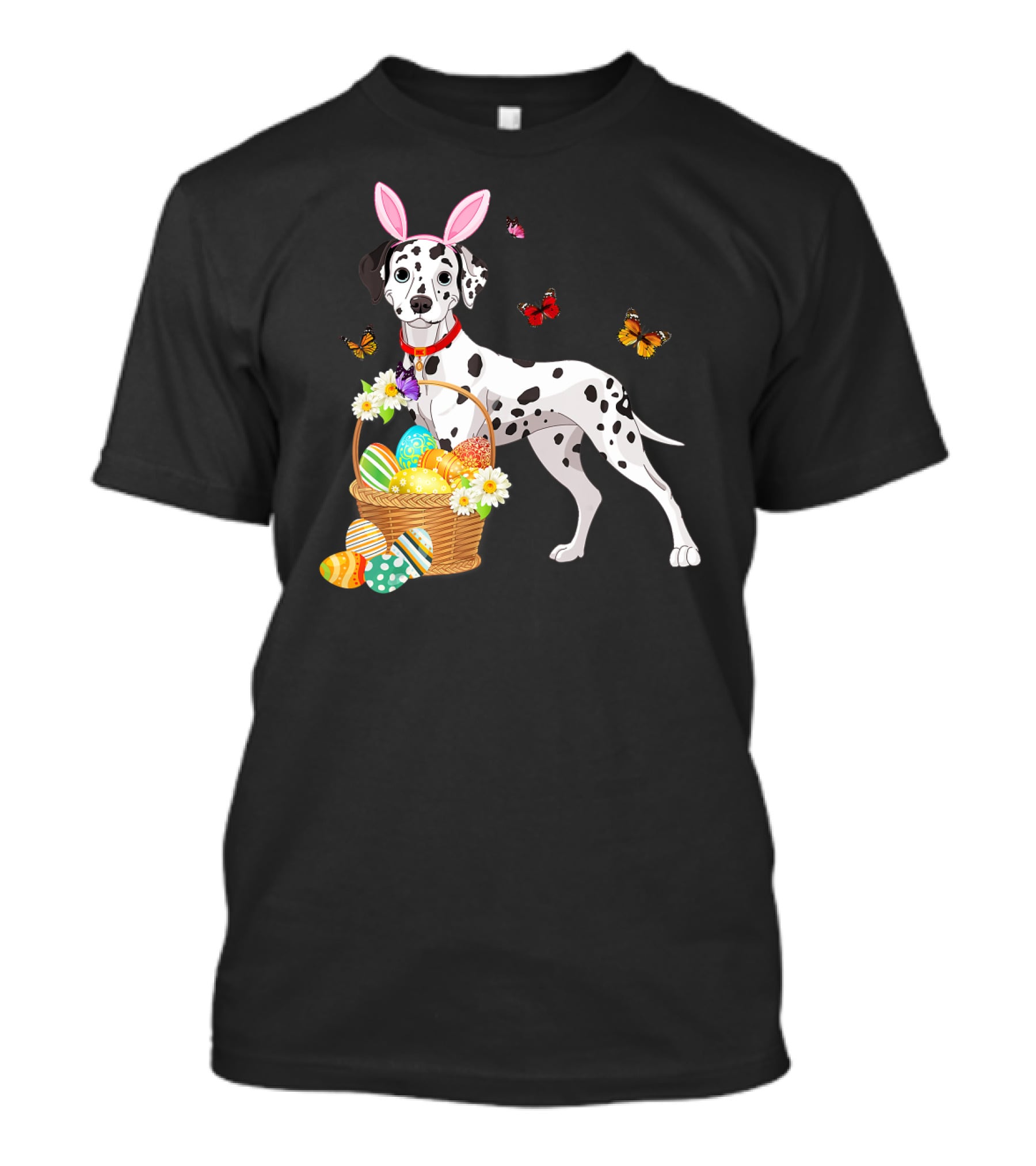 Dalmatian With Bunny Ears Holding Easter Egg Basket And Butterflies T-Shirt