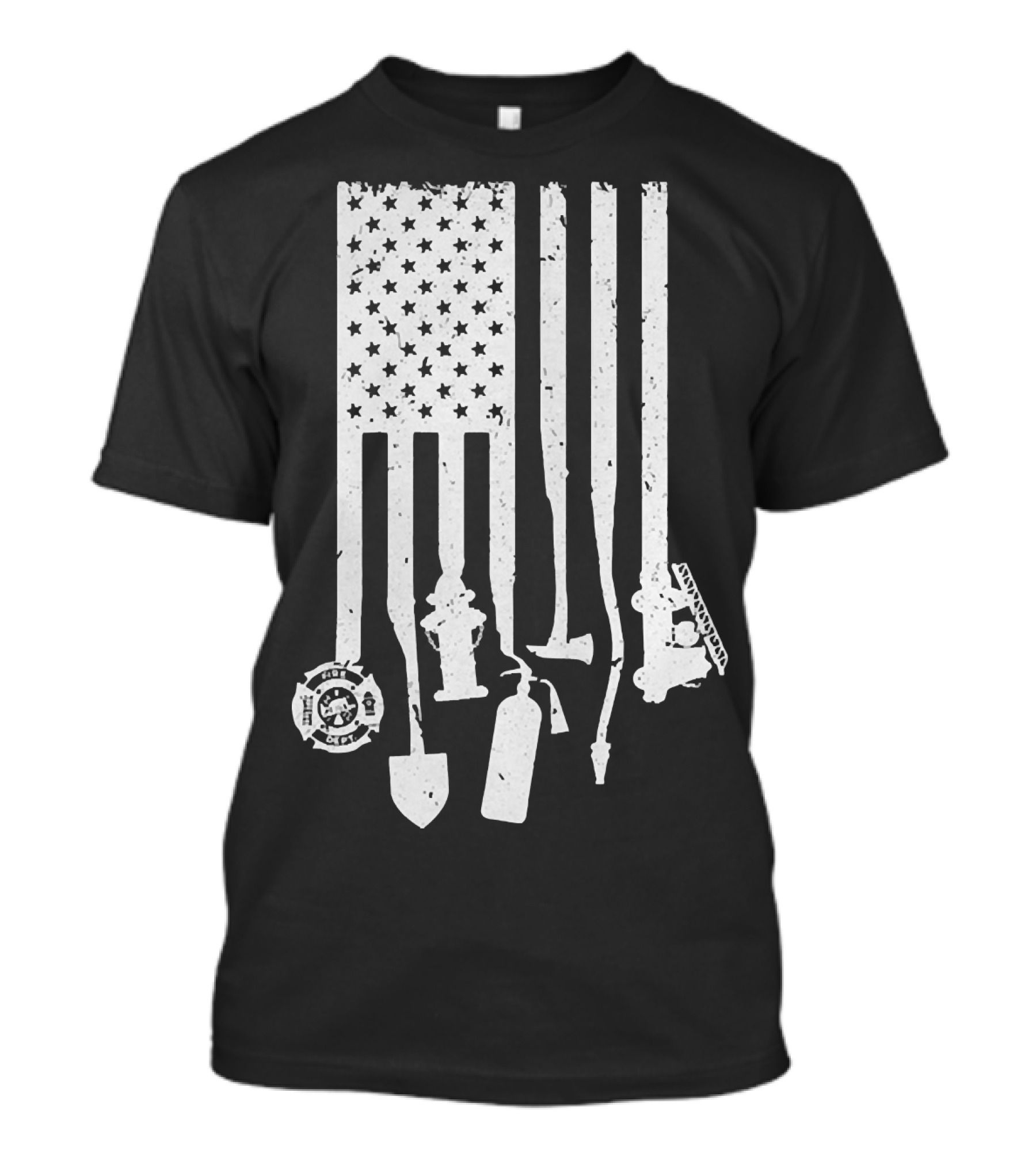 American Flag With Firefighter Tools And Veteran Badge Elements T-Shirt