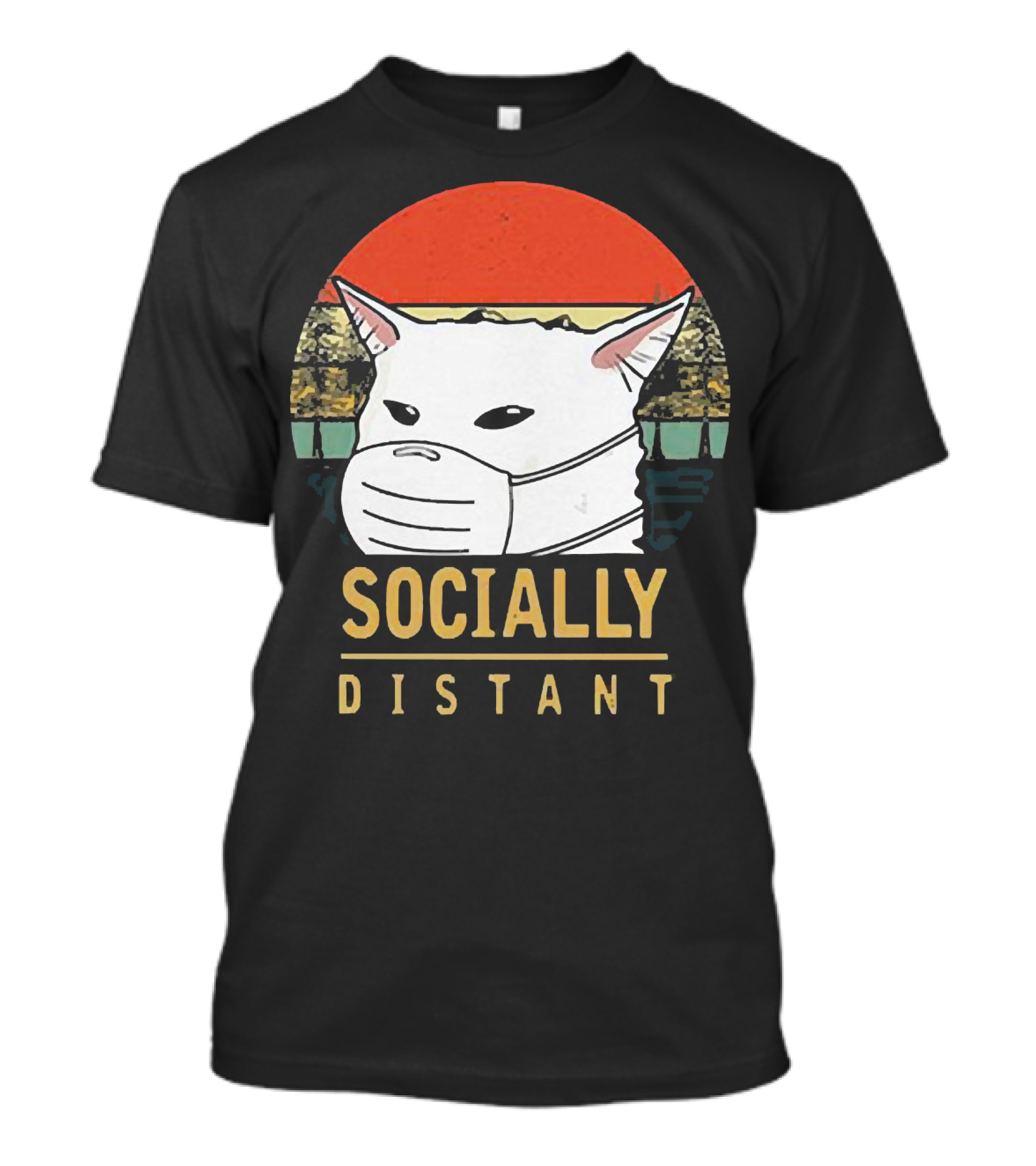 Socially Distant Cat White Masked Sunset T-Shirt