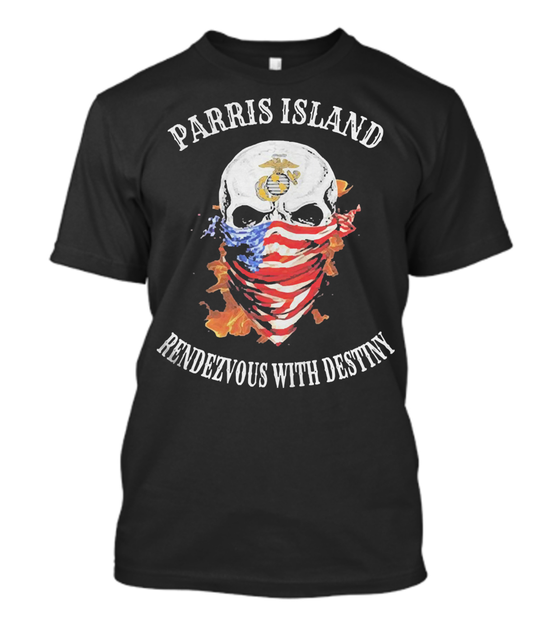 Parris Island Skull Mask Rendezvous With Destiny American Flag Flames T-Shirt