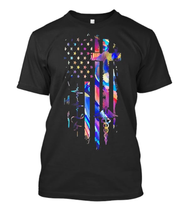 Stethoscope Heartbeat Nurse God Colorful Cross America Flag T-Shirt