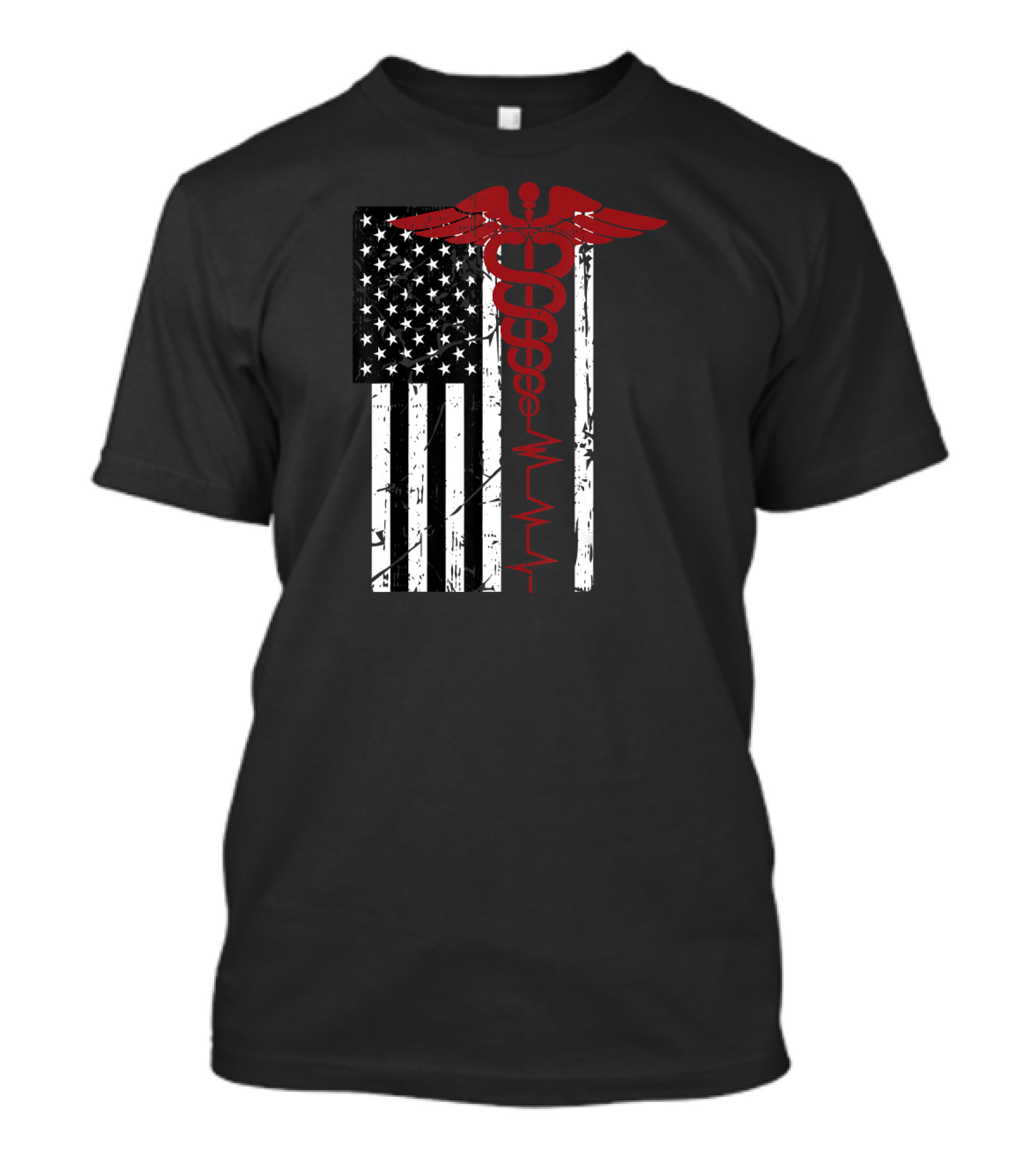USA Flag Caduceus Medical Symbol Black Patriotic Nurse T-Shirt