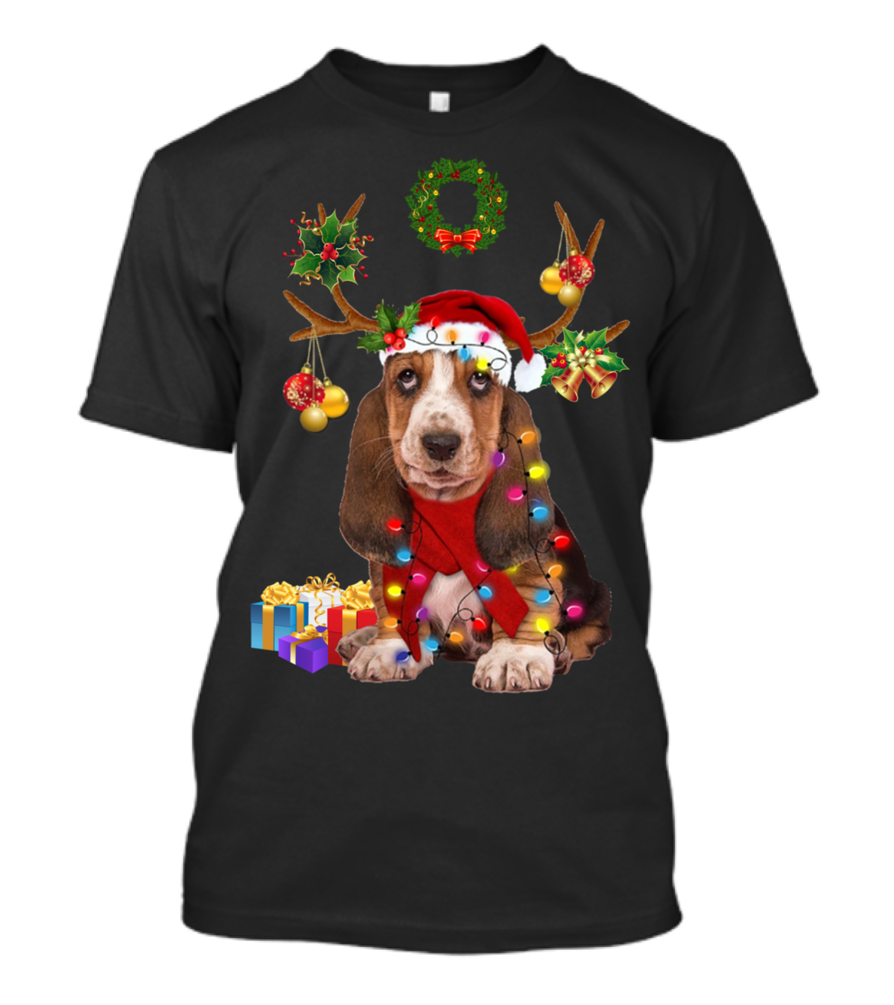 Basset Hound Santa Hat Reindeer Christmas Lights Wreath Holiday Gifts T-Shirt