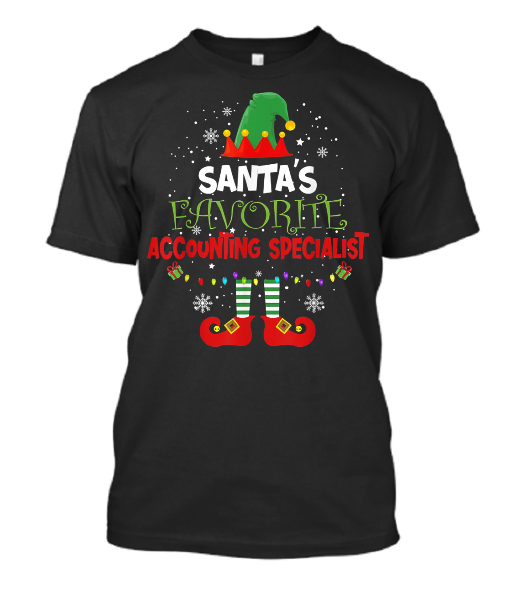 Santa's Favorite Accounting Specialist Elf Theme With Christmas Snowflakes And Gifts T-Shirt