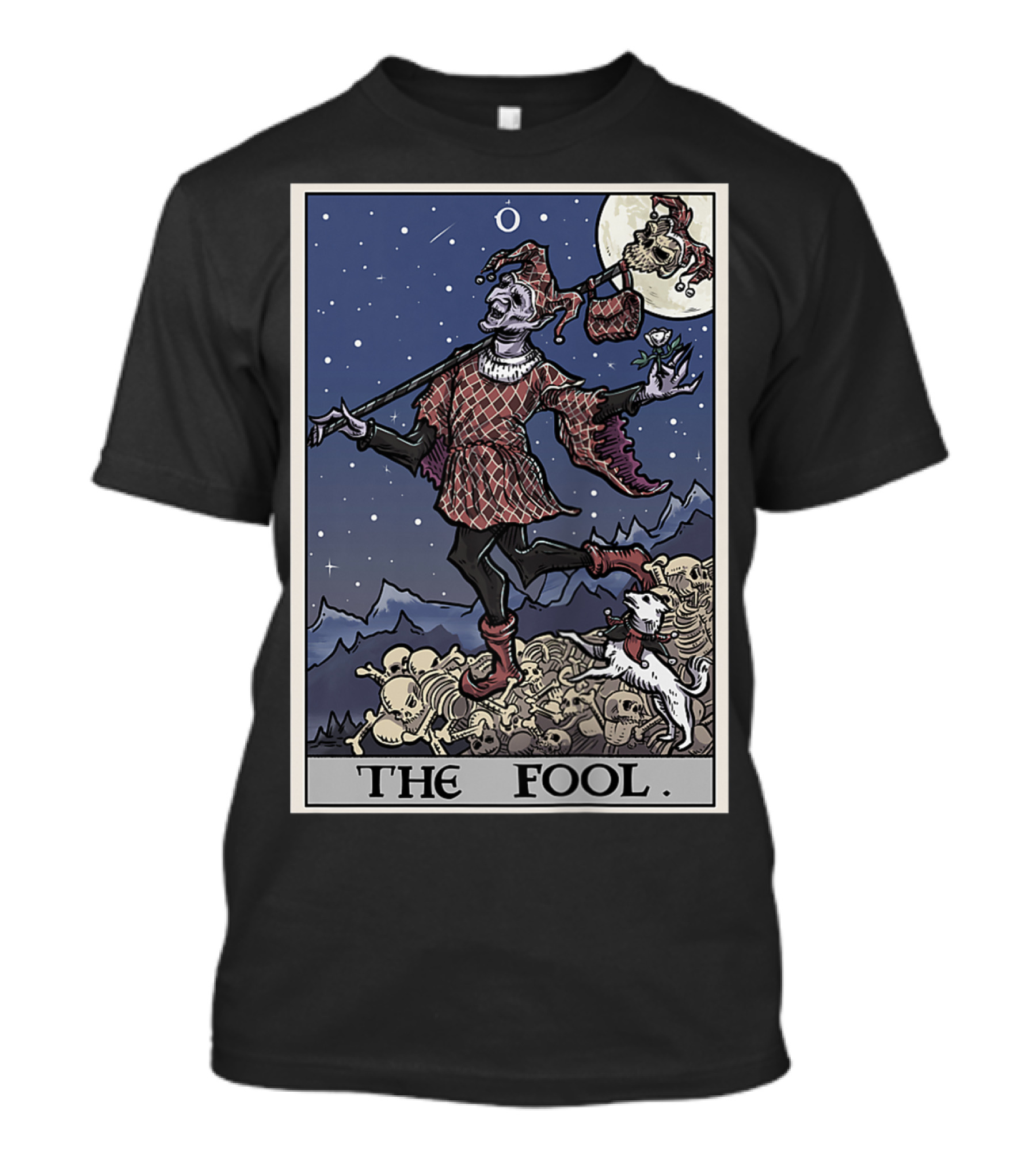 The Fool Tarot Card Gothic Halloween Jester On Skull Pile T-Shirt