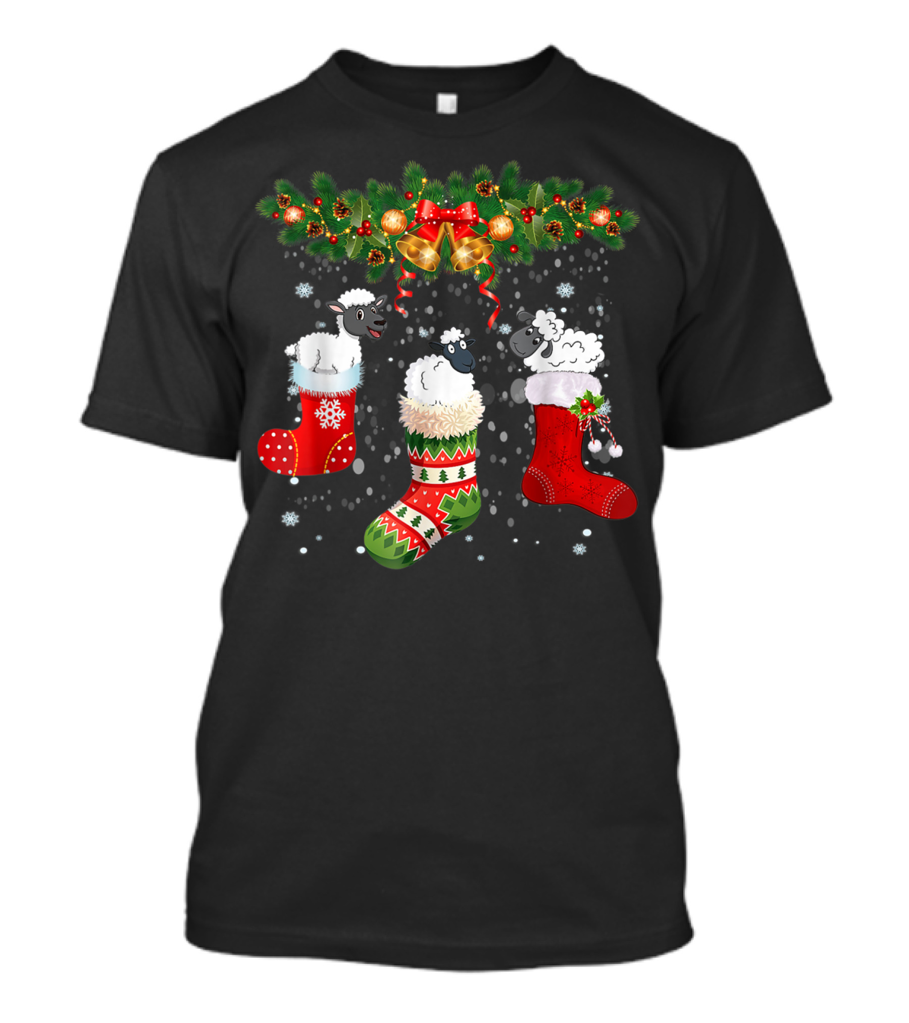Three Sheeps In Christmas Stockings Bells Garland Snowflakes Holiday T-Shirt