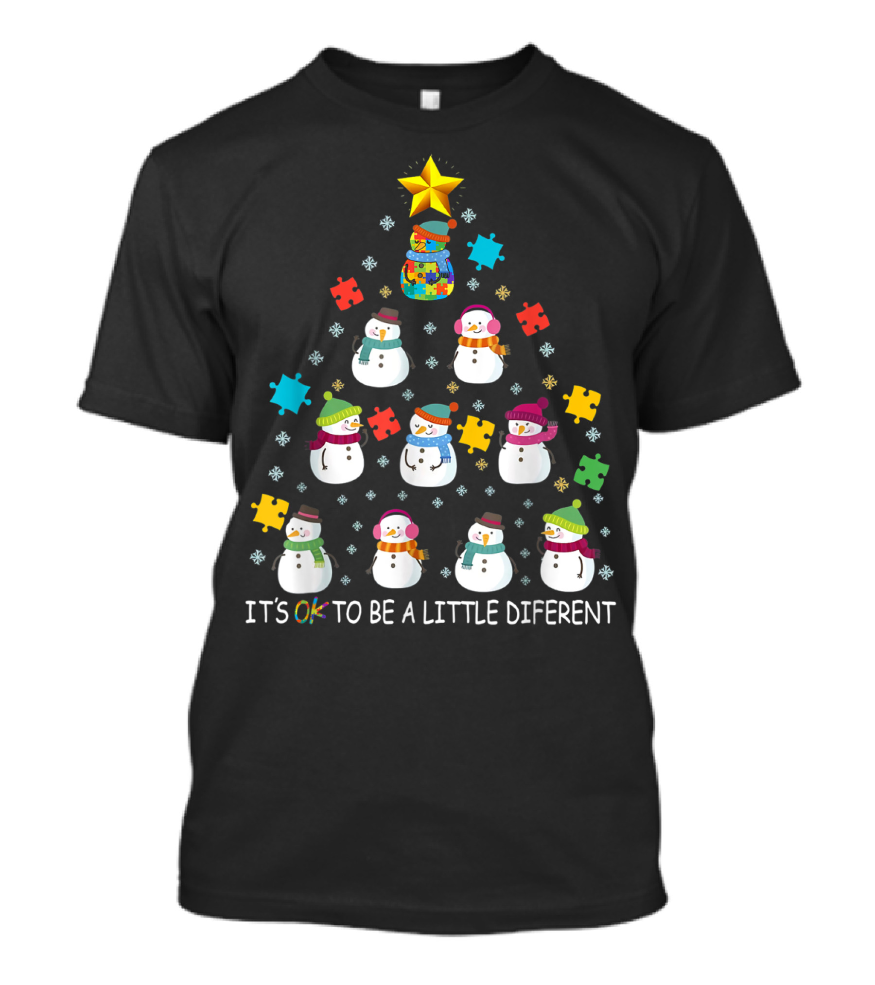 IT'S OK TO BE A LITTLE DIFERENT Snowman Autism Puzzle Tree T-Shirt