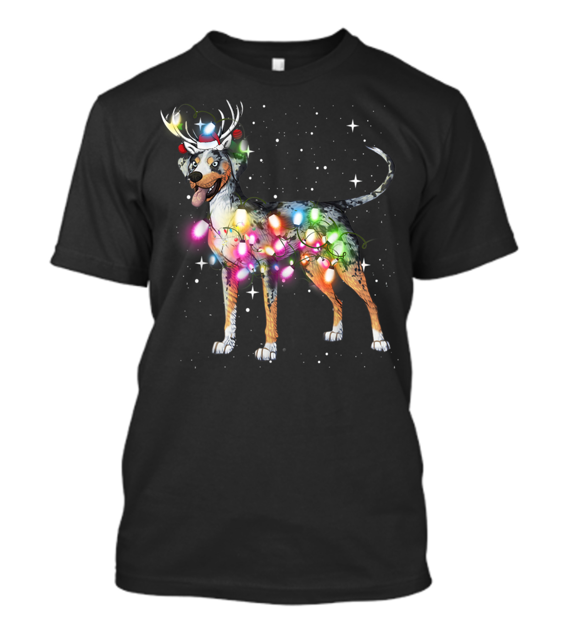 Catahoula Leopard Dog Wrapped In Christmas Lights With Reindeer Antlers And Santa Hat T-Shirt