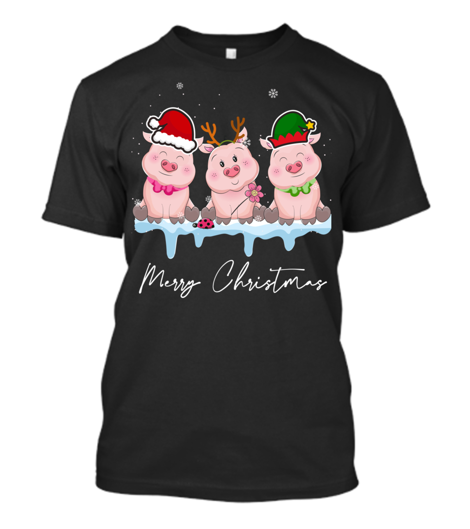 Merry Christmas Cute Pig Santa Hat Xmas Holiday Trio T-Shirt