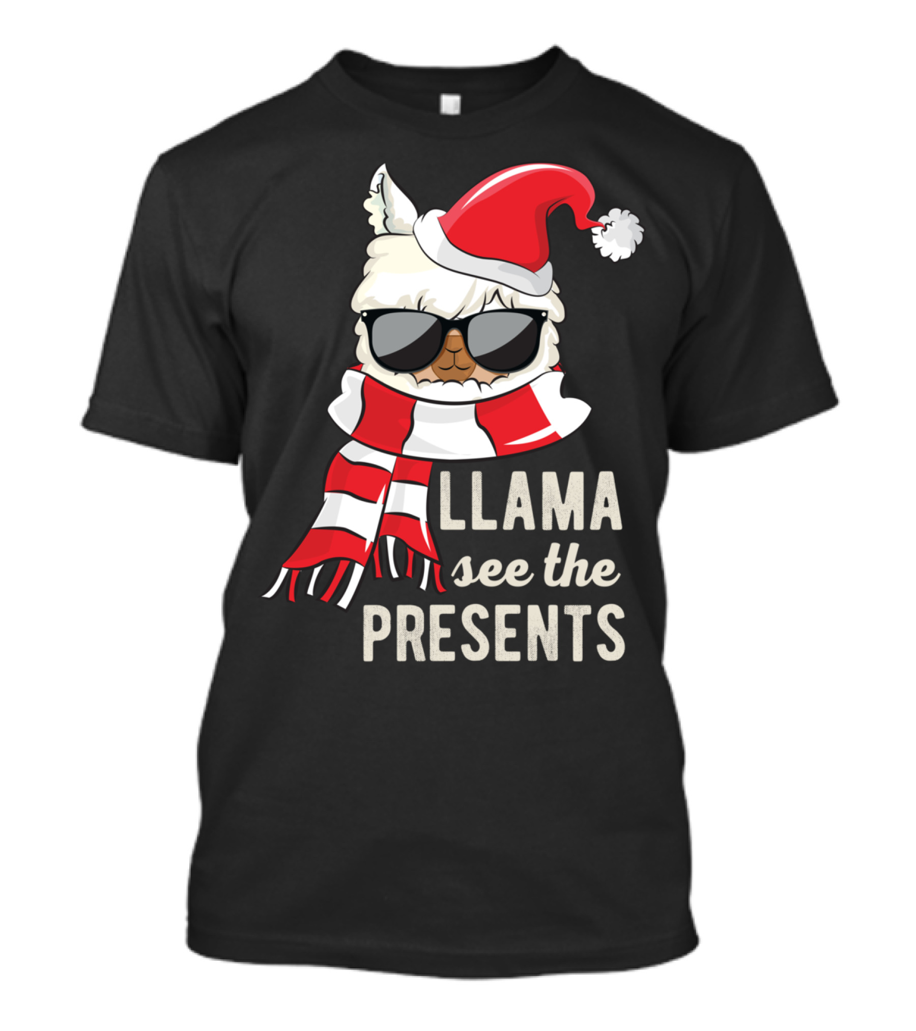 Llama See The Presents Funny Hat Xmas Alpaca Christmas Santa Scarf Sunglasses T-Shirt