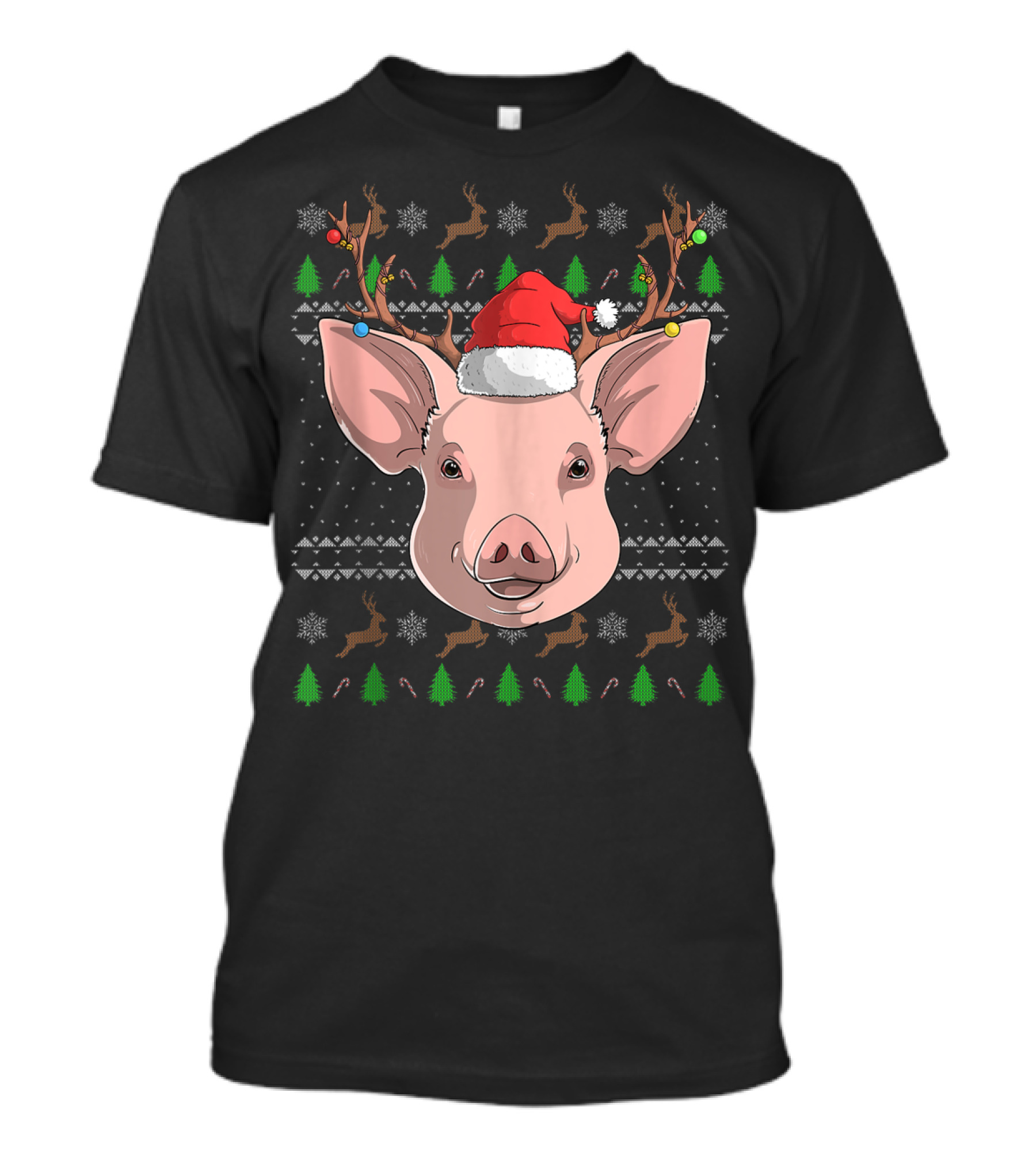Pig Santa Claus Hat Reindeer Antlers Christmas Ornaments T-Shirt