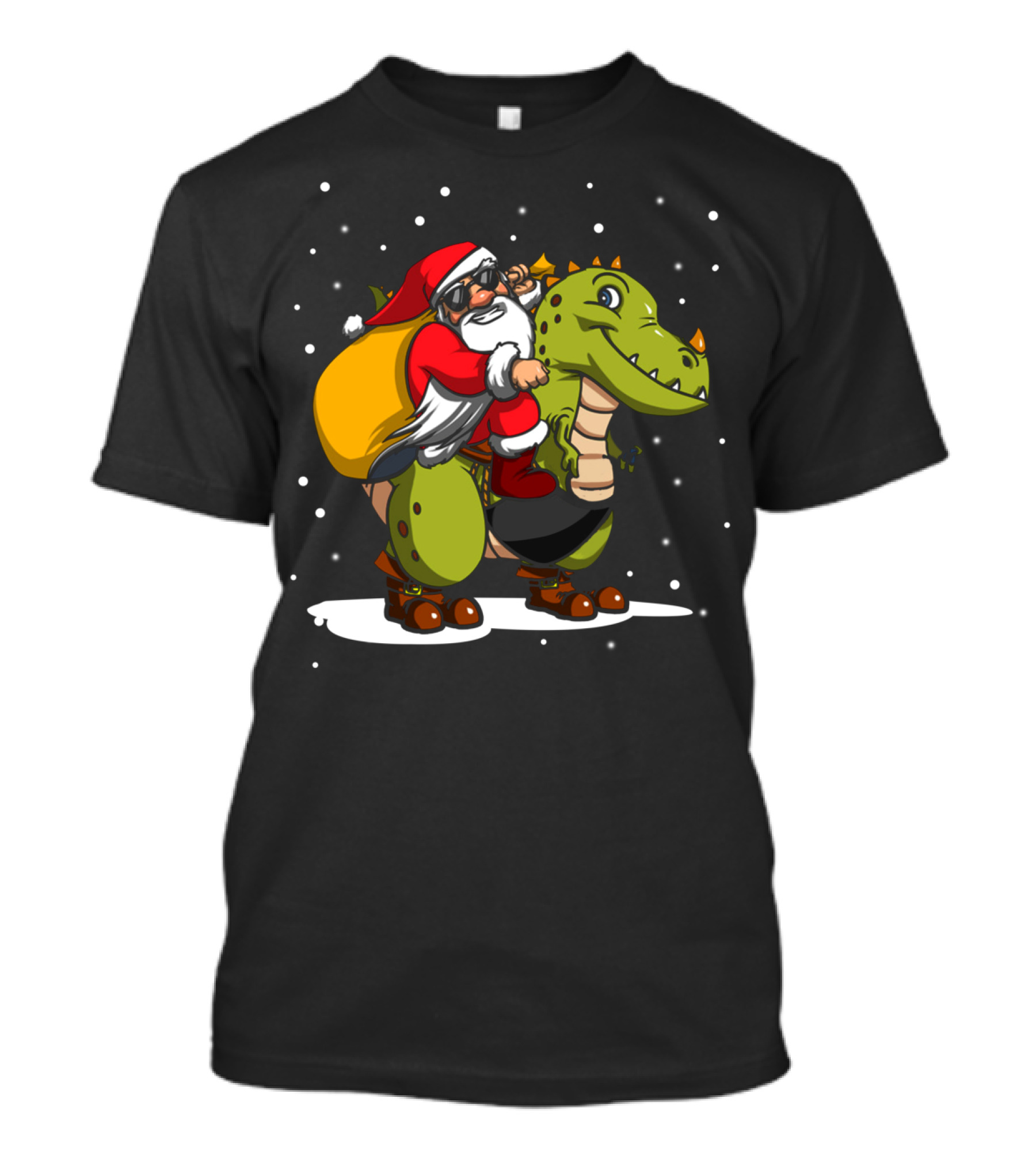 Santa Riding Dinosaur Christmas Trex Snowy Night Scene T-Shirt