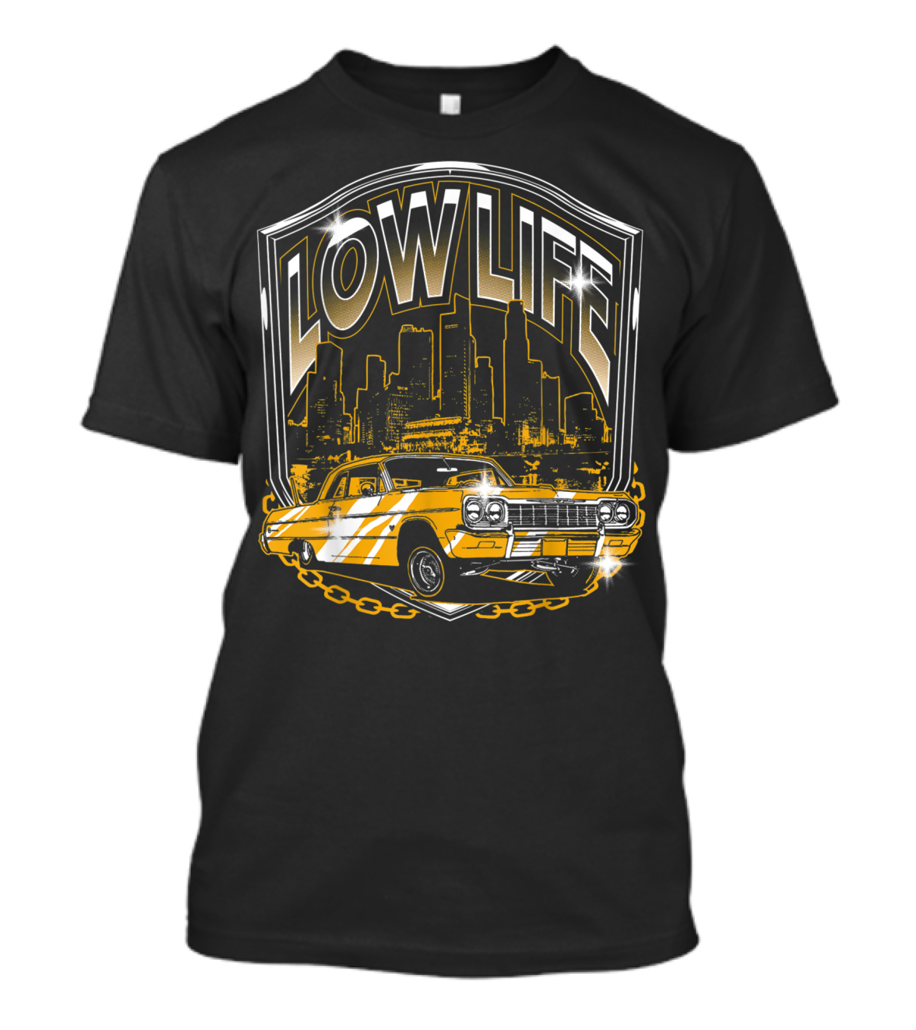 Lowrider Classic Car Low Life Skyline Scene T-Shirt