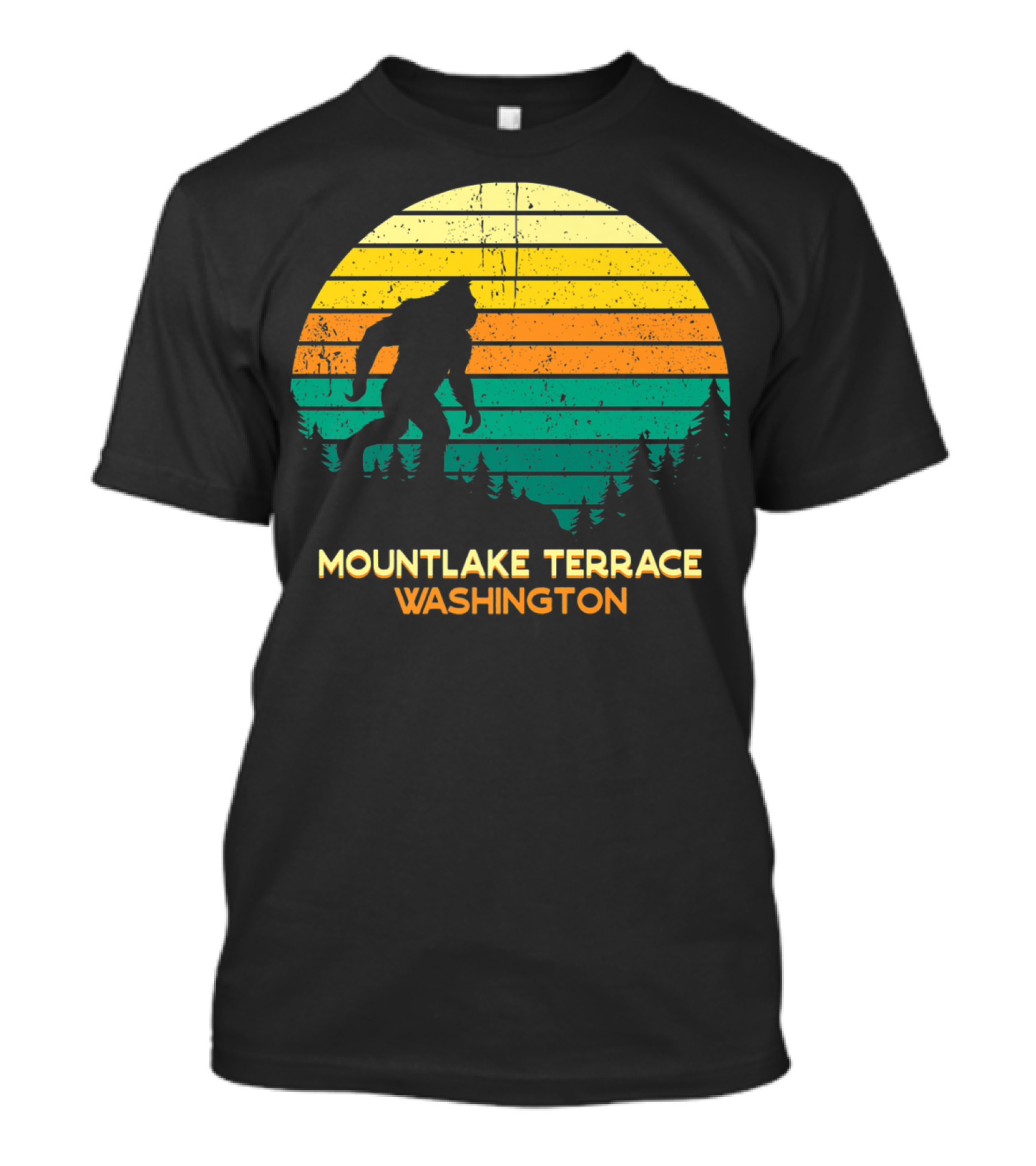 Mountlake Terrace Washington Retro Big Foot Sunset Forest Scene T-Shirt