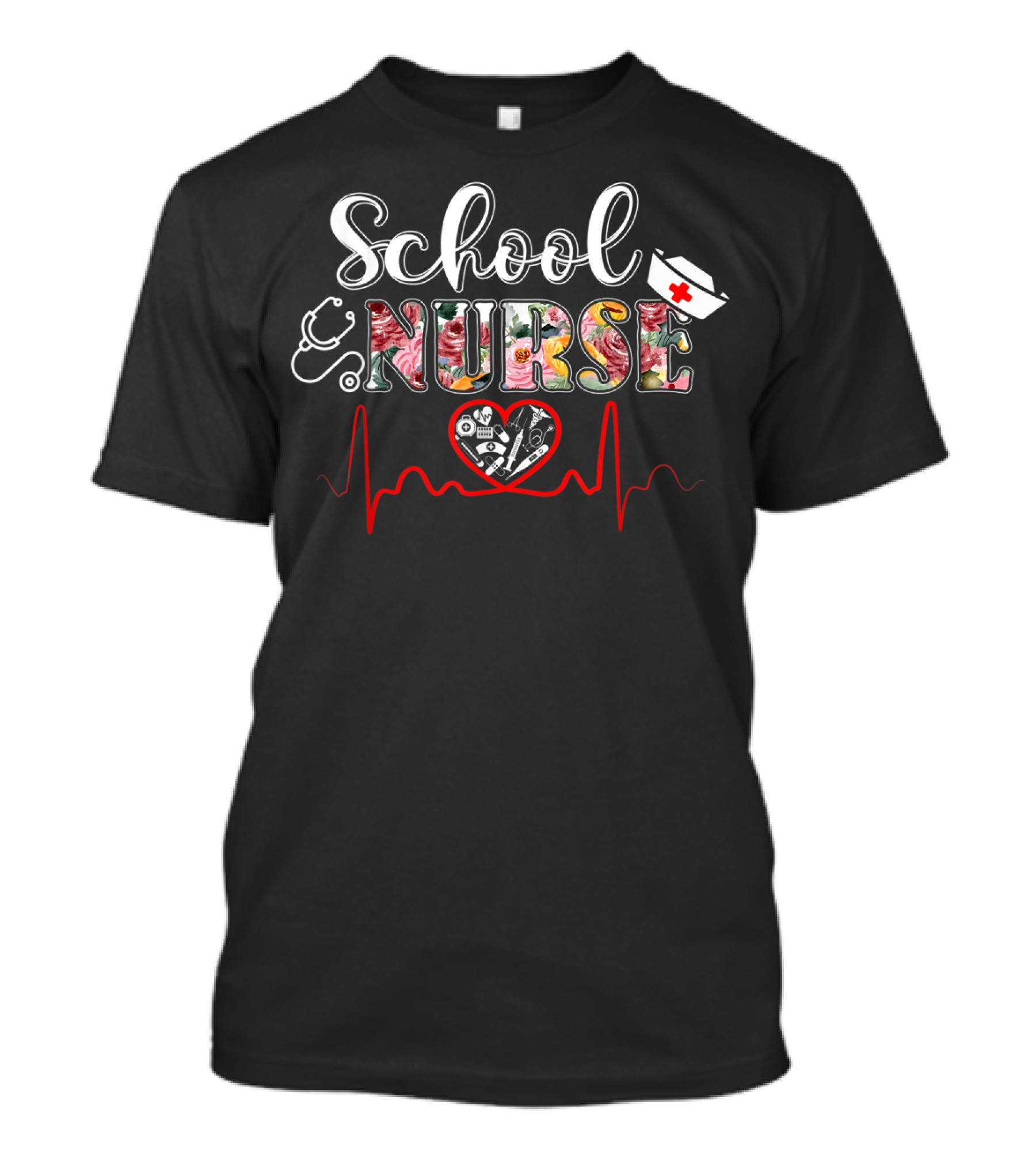 School Nurse Heartbeat Stethoscope Flower T-Shirt