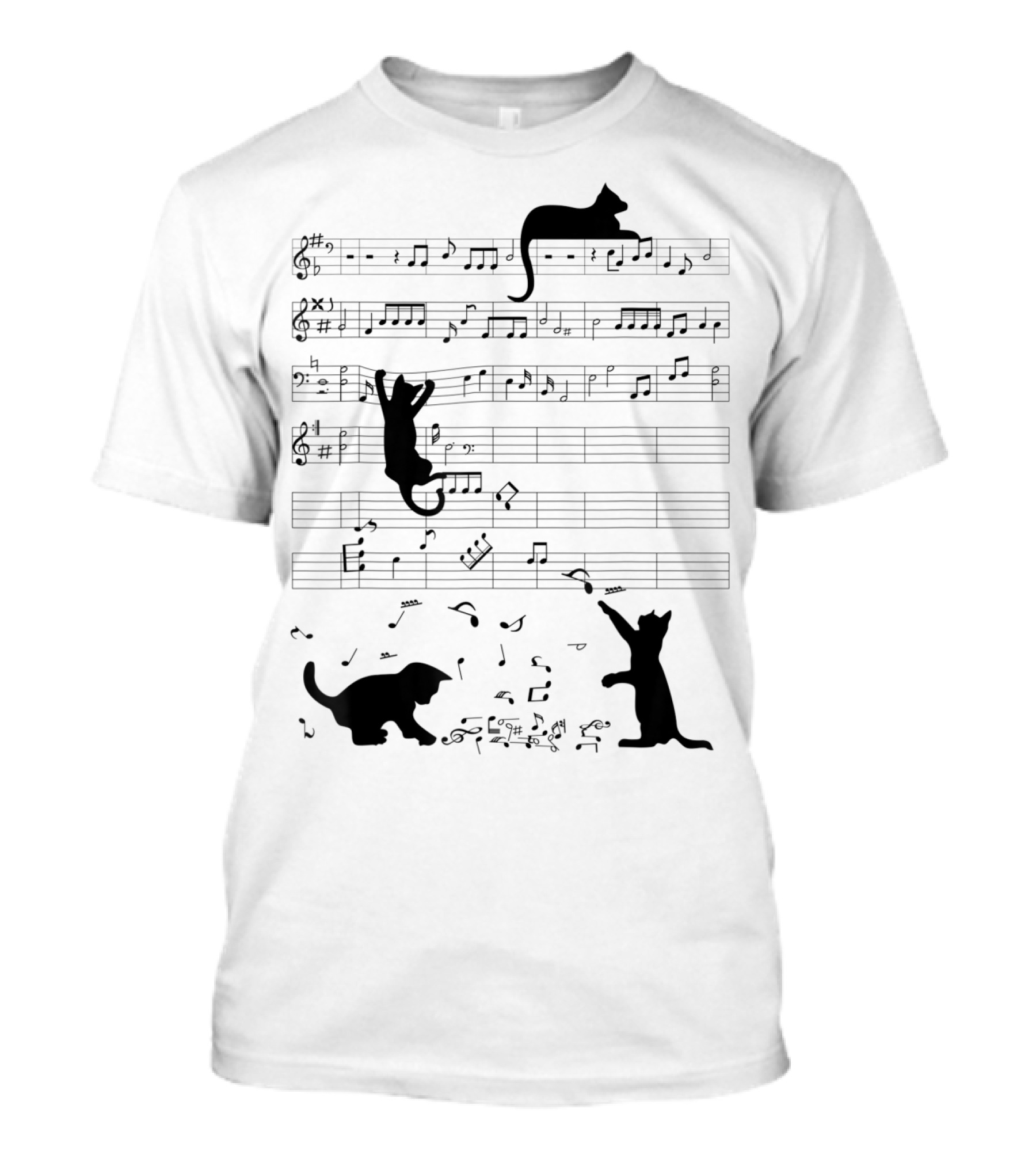 Cute Cat Kitty Climbing And Sitting With Music Notes And Clef T-Shirt