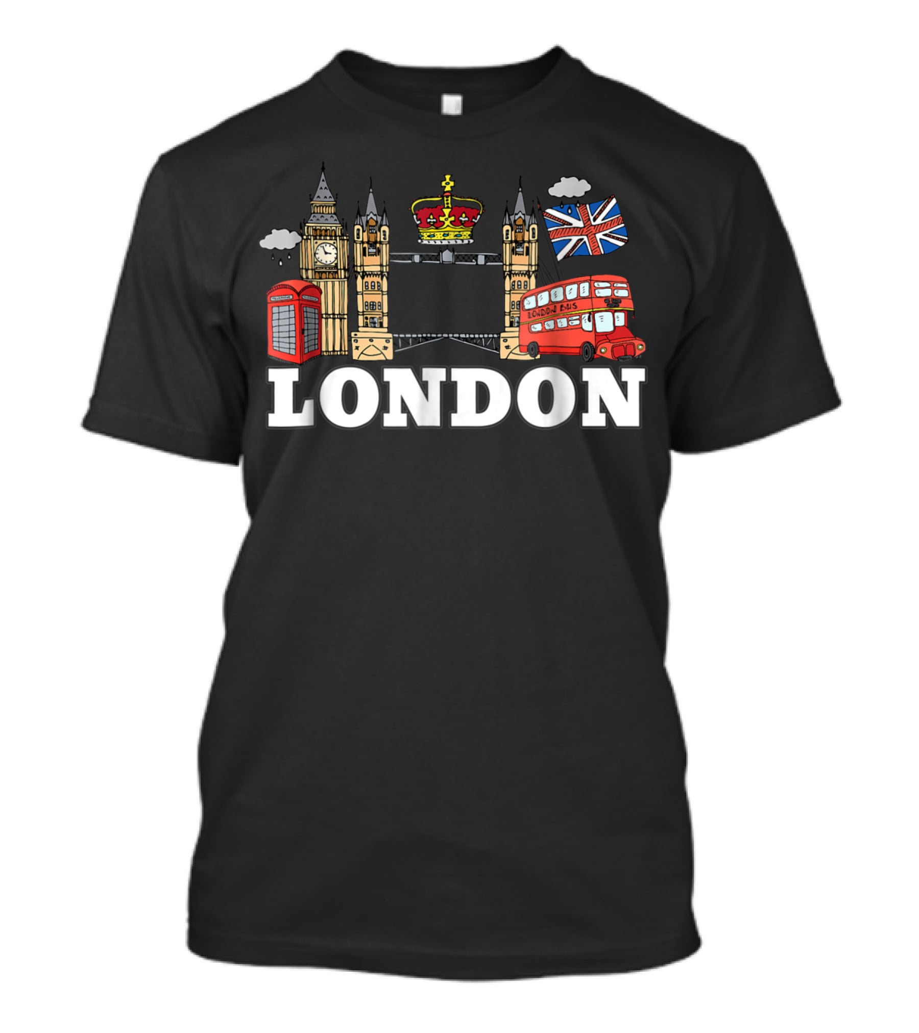 Big Ben Tower Bridge Crown London Bus Phone Box Union Jack Cloud T-Shirt