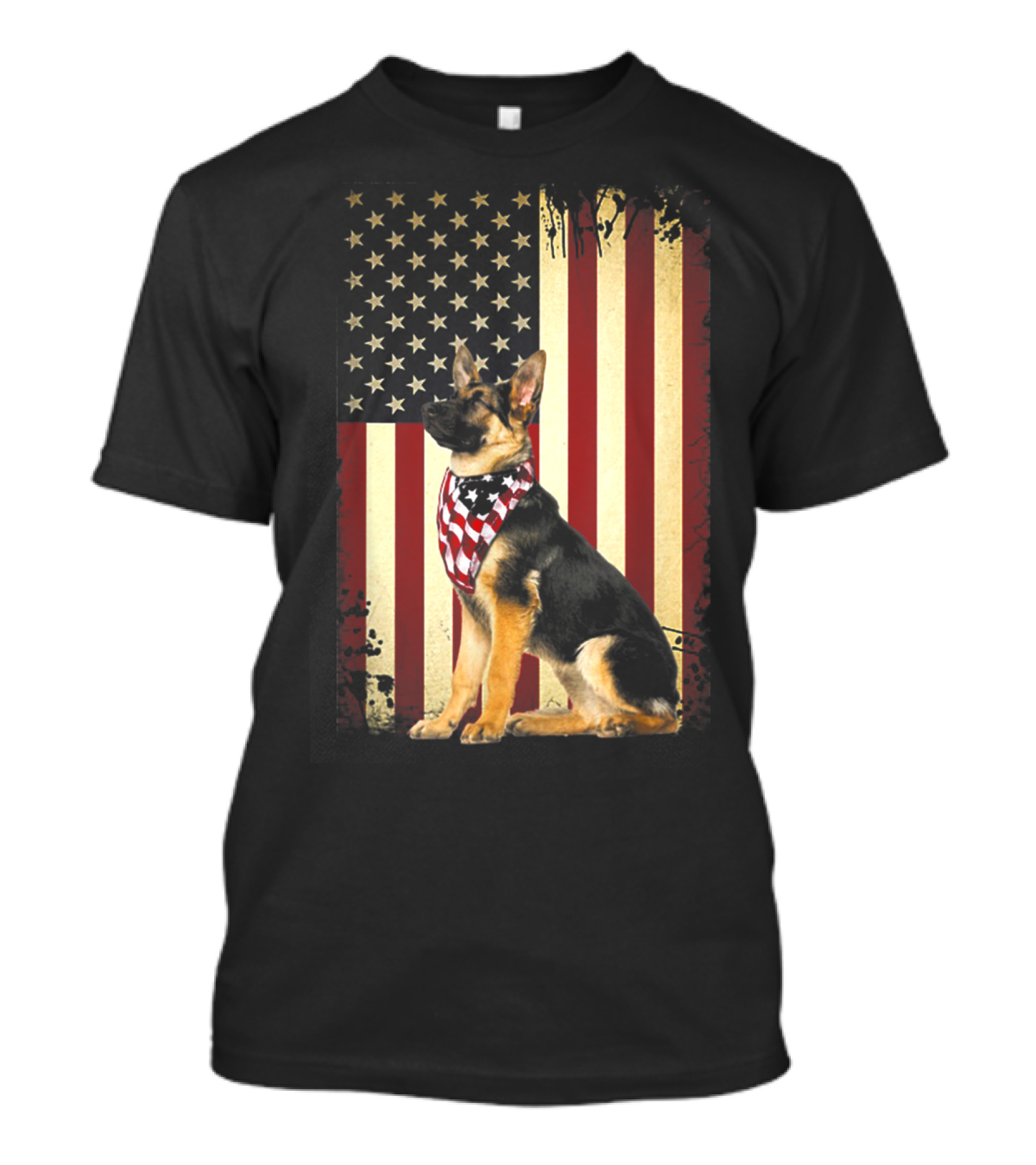 German Shepherd With American Flag Bandana In Front Of Stars And Stripes Flag T-Shirt