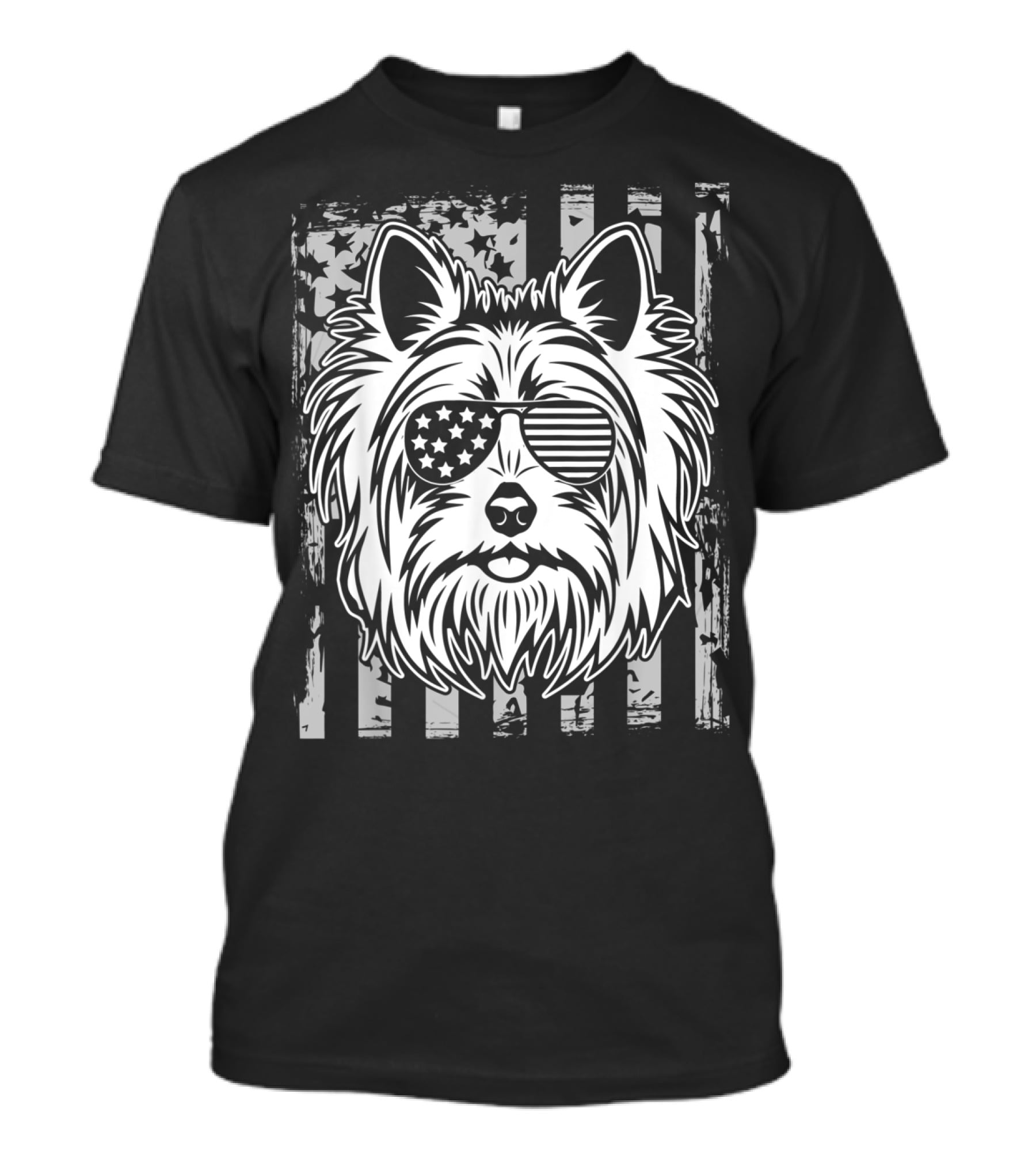 Vintage US Flag Sunglasses Yorkshire Terrier Face On Black Grunge Flag Background T-Shirt