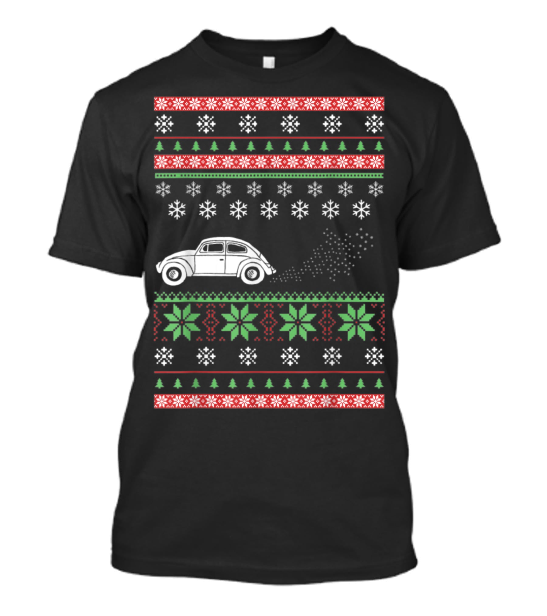 Classic Car Ugly Christmas Sweater Style Snowflakes And Trees T-Shirt