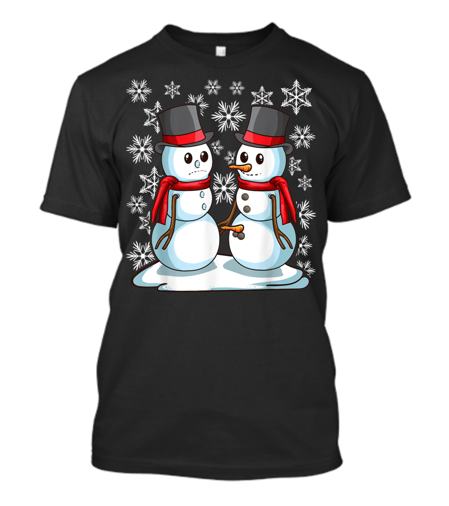 Naughty Christmas Snowmen With Carrot And Top Hats Amidst Snowflakes T-Shirt