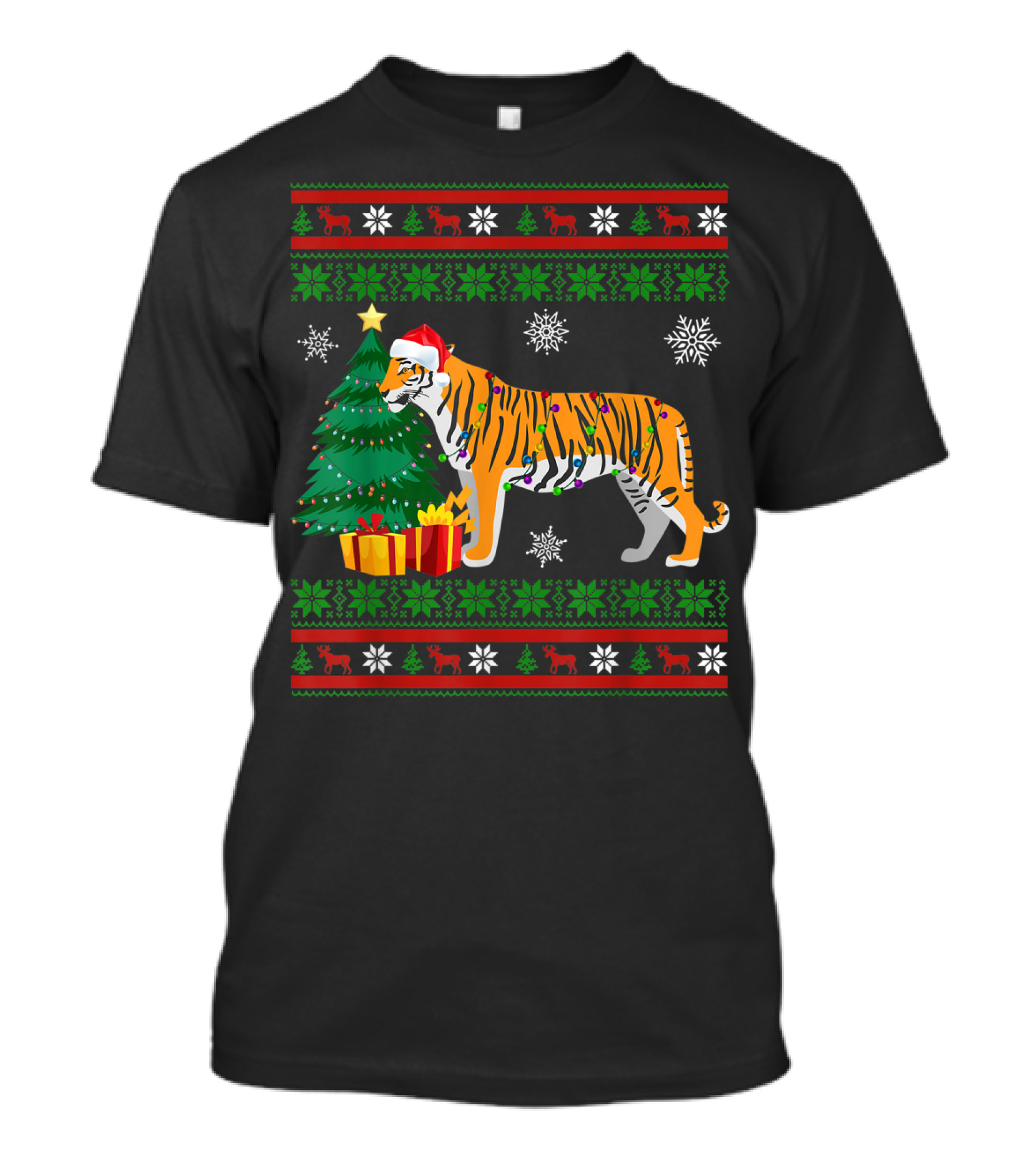 Tiger With Santa Hat And Christmas Tree Holiday Pattern Snowflakes And Reindeer T-Shirt