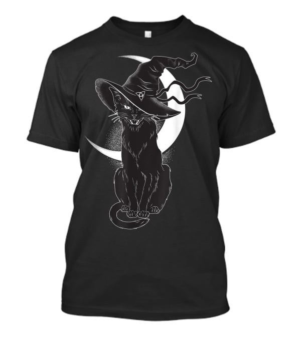 Vintage Scary Halloween Black Cat Sitting In Front Of Crescent Moon Wearing Witch Hat T-Shirt