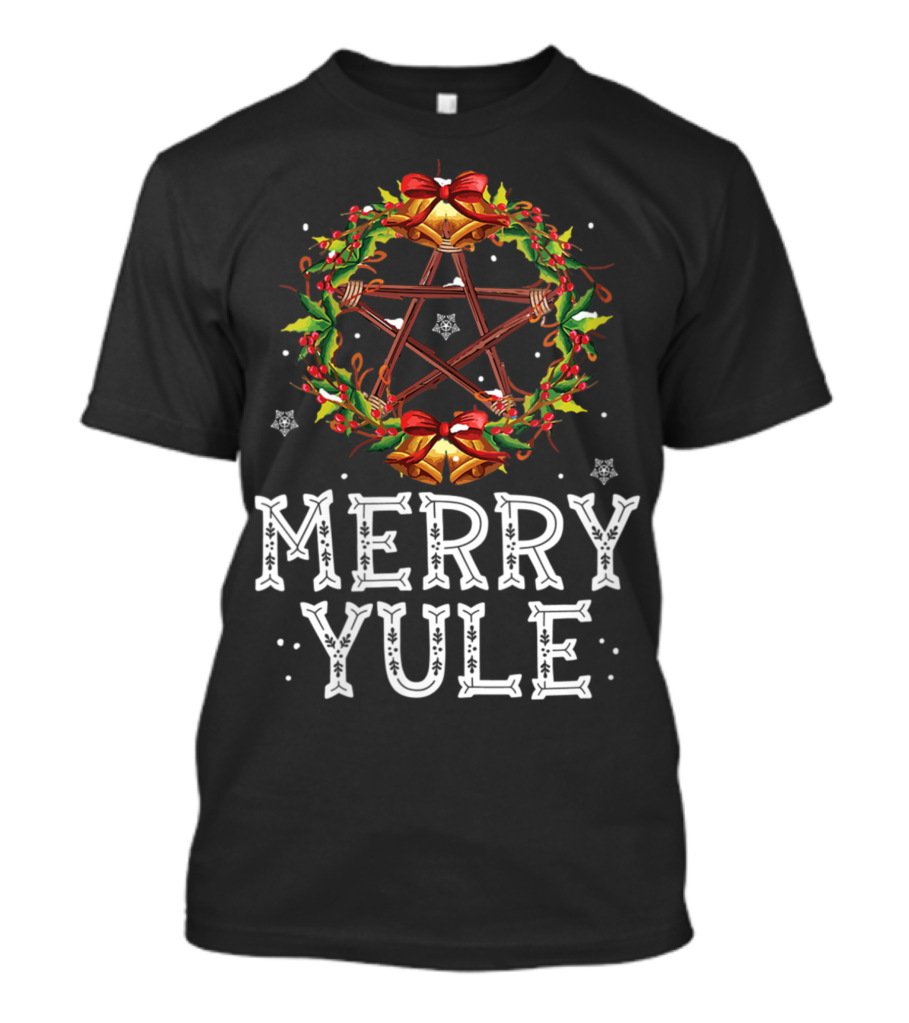 Merry Yule Holly Wreath With Pentagram And Bells T-Shirt