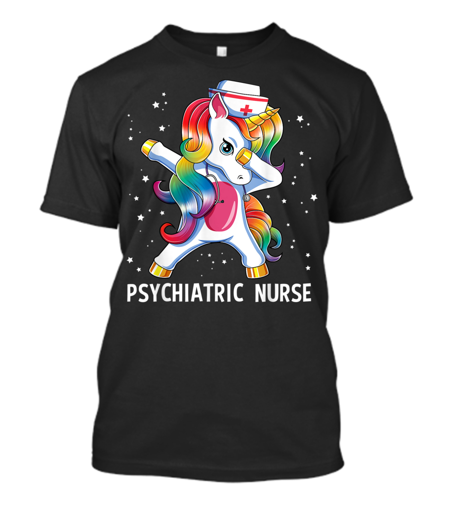 Dabbing Unicorn Rainbow Psychiatric Nurse With Nurse Hat And Stars T-Shirt