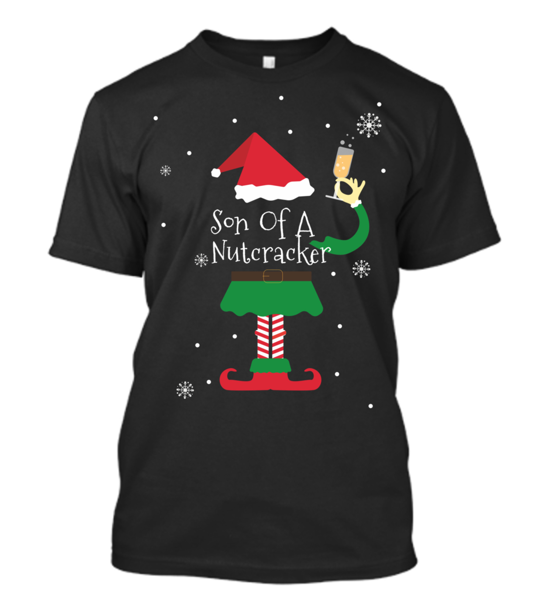 Son Of A Nutcracker Elf With Santa Hat And Champagne Glass T-Shirt