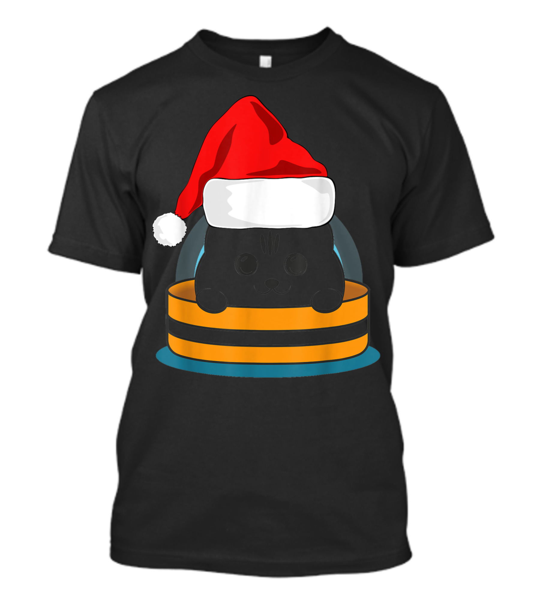 Cute Black Cat In Santa Hat Sitting Inside Orange And Black Barrel T-Shirt