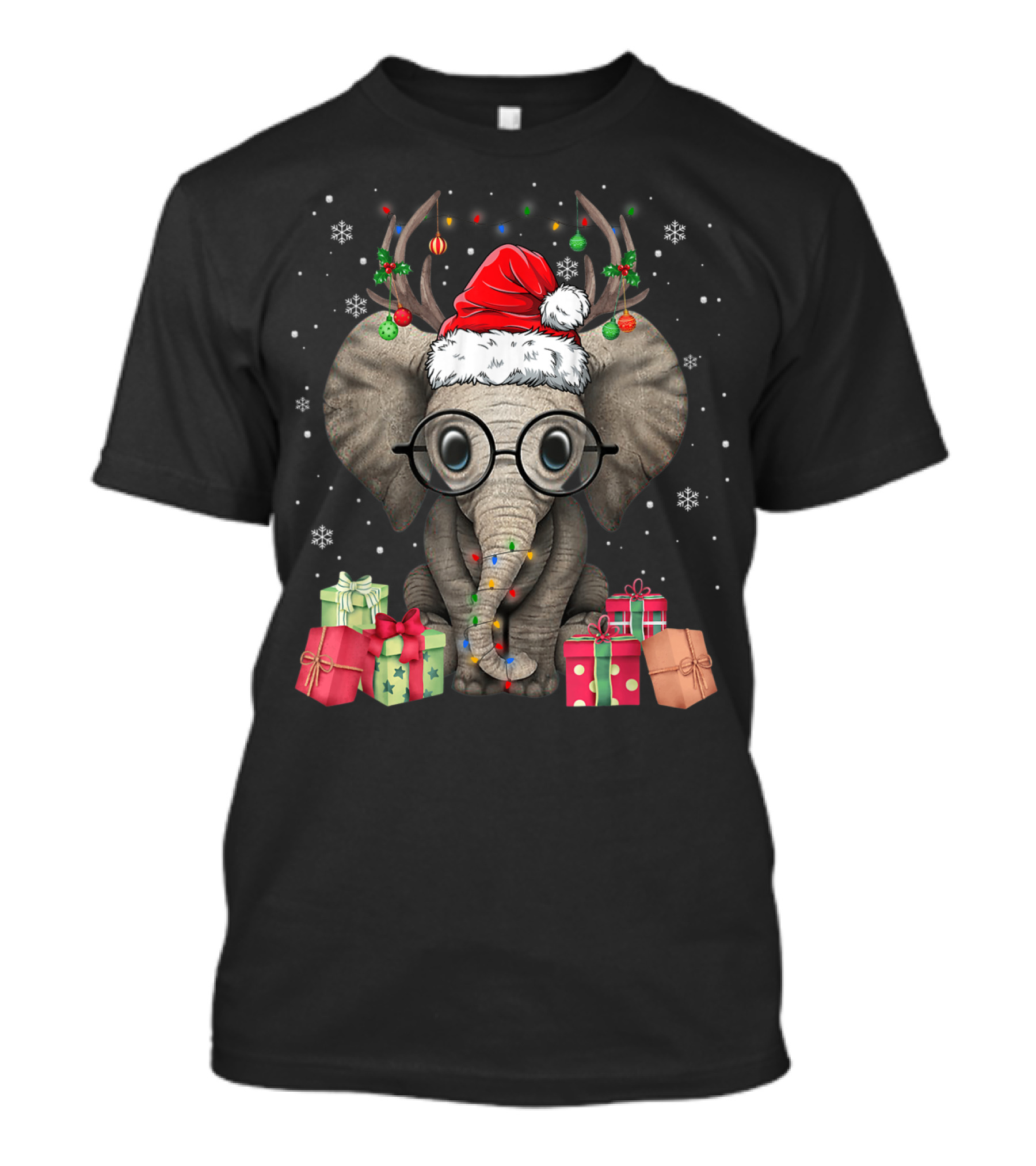 Christmas Cute Elephant Santa Reindeer With Gifts And Snowflakes T-Shirt