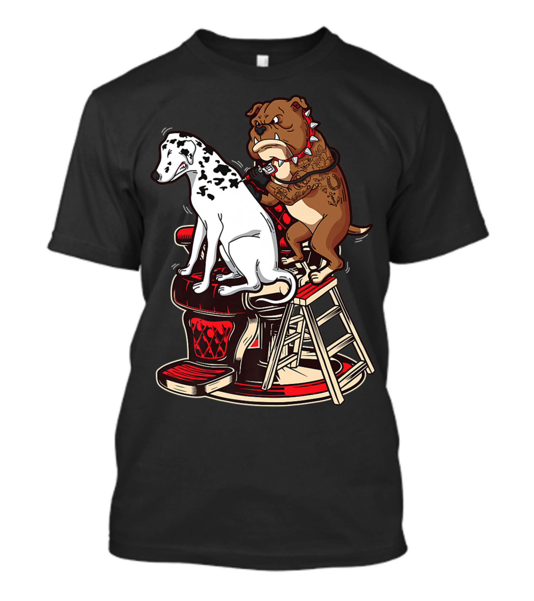 Dalmatian And Tattoo Artist Bulldog On Barber Chair T-Shirt