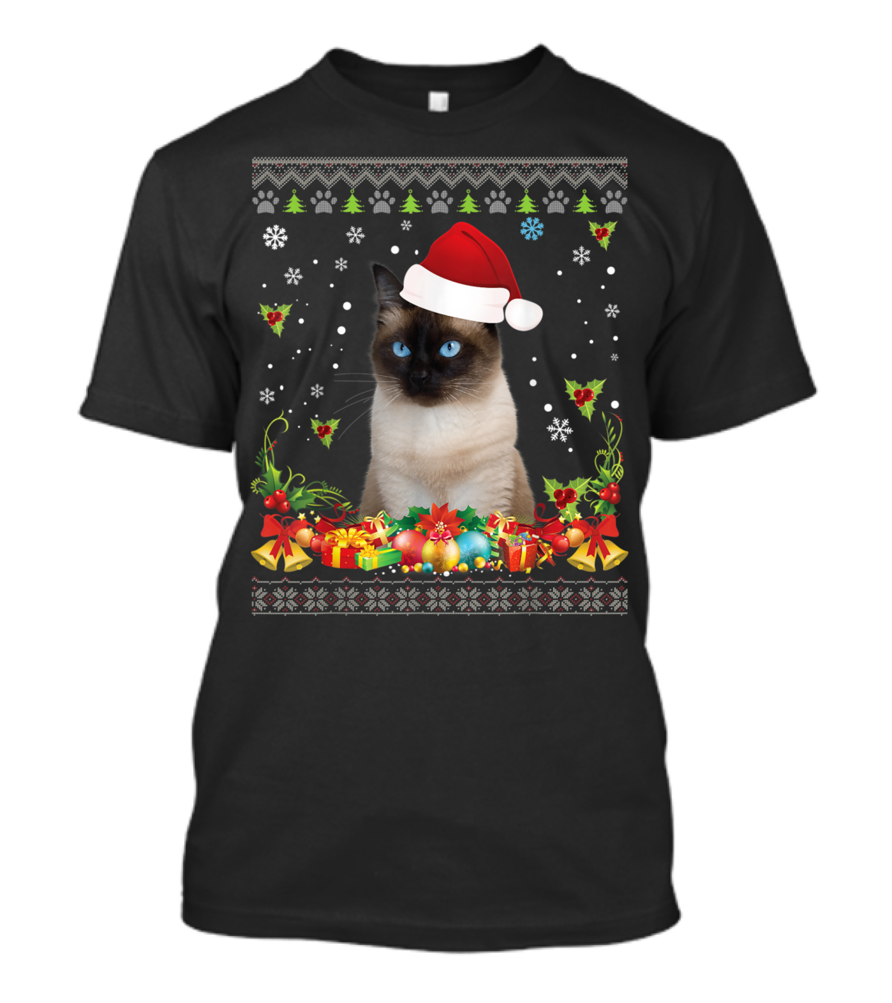 Merry Christmas Siamese Cat UglySweater Santa Hat Snowflake Ornaments T-Shirt