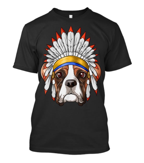 Native Indian American Boxer Feather Headdress Boxer Dog T-Shirt
