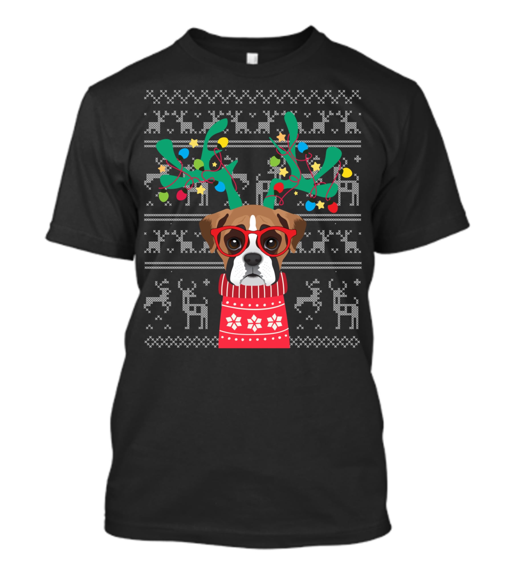 Swea Xmas Boxer Dog Reindeer Antlers Holiday Lights Ugly Christmas T-Shirt