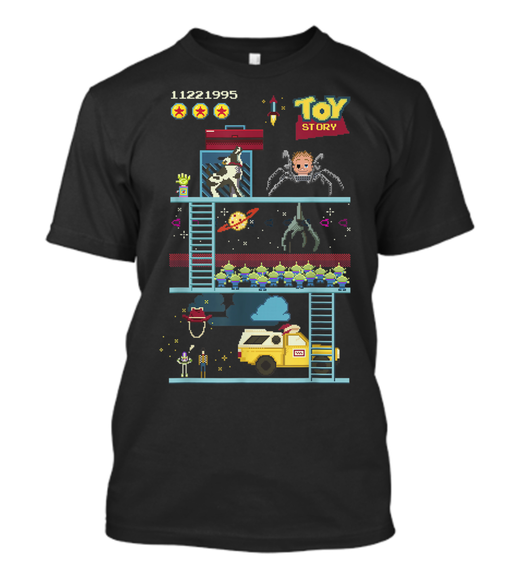 Toy Story 8 Bit Video Game Scene With Retro Pixel Art Adventure T-Shirt