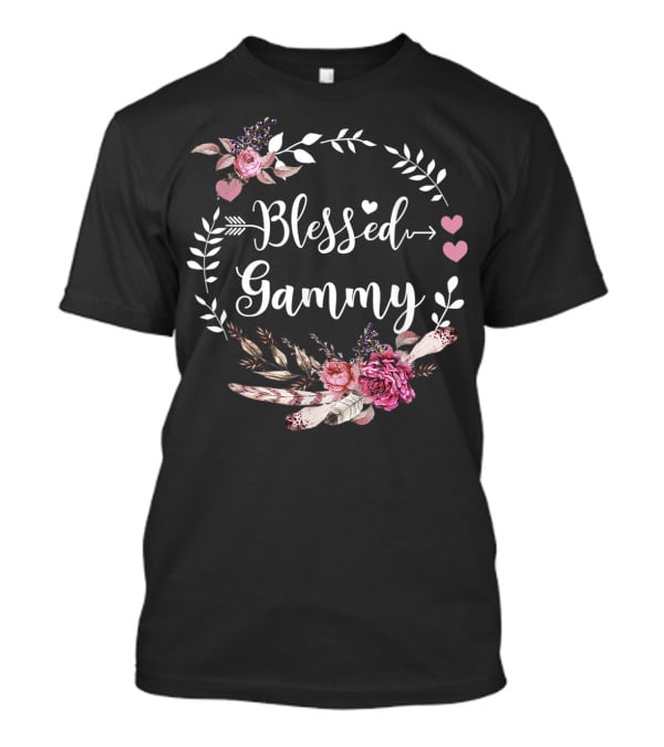 Blessed Gammy Floral Wreath With Pink Hearts And Flowers T-Shirt