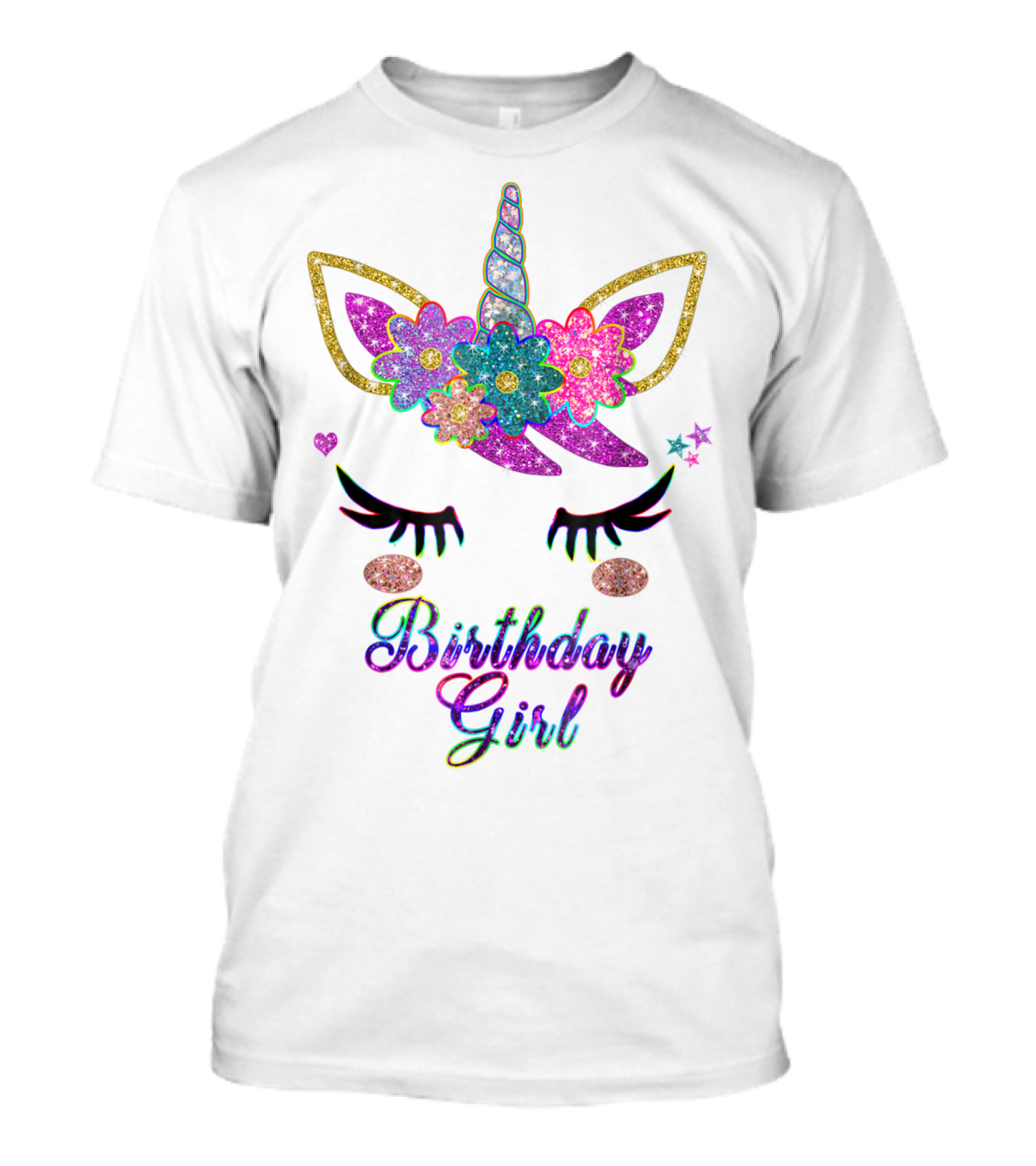 Rainbow Glitter Unicorn Birthday Girl Flowers Stars T-Shirt